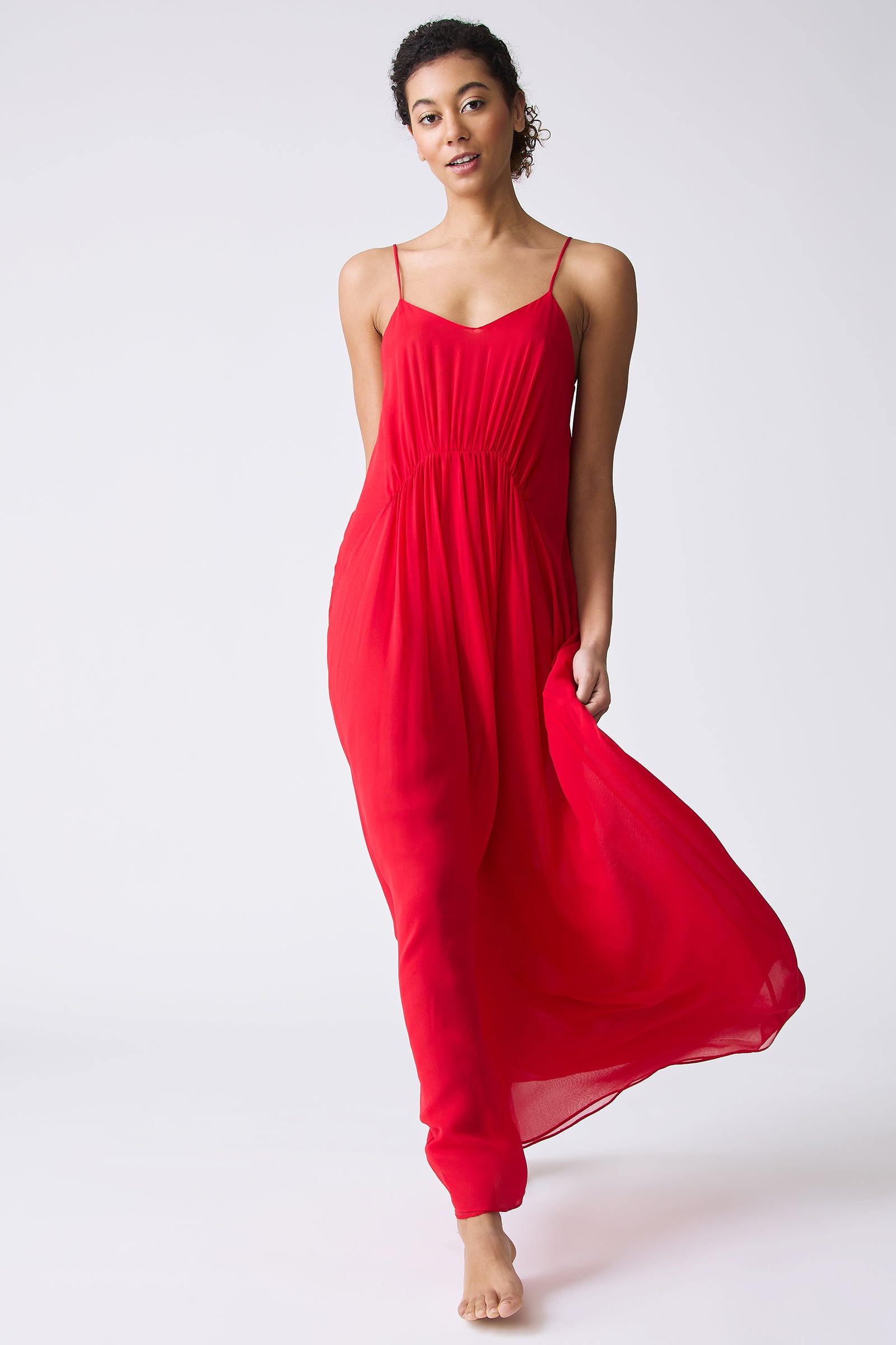 Kal Rieman Cora Shirred Maxi Dress in Red on model walking full front view