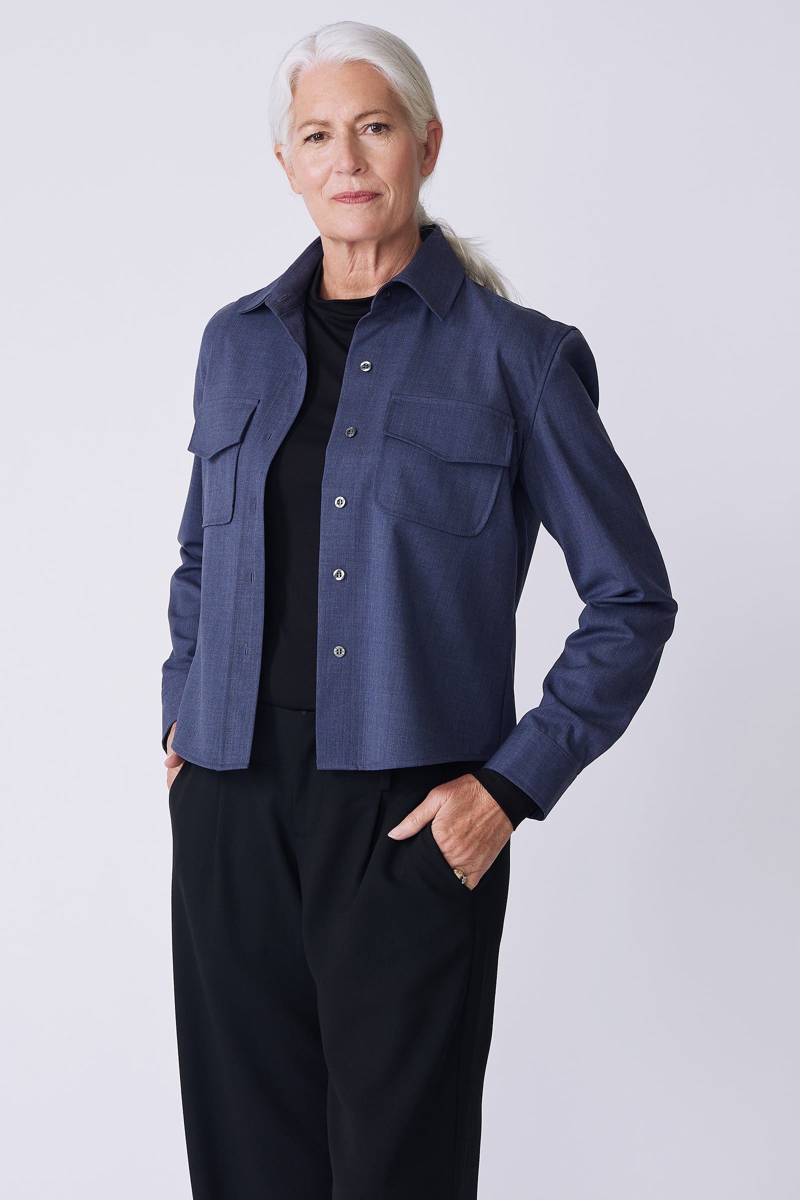 Kal Rieman Crop Tailored Shirt in denim suiting on model front view hand in pocket