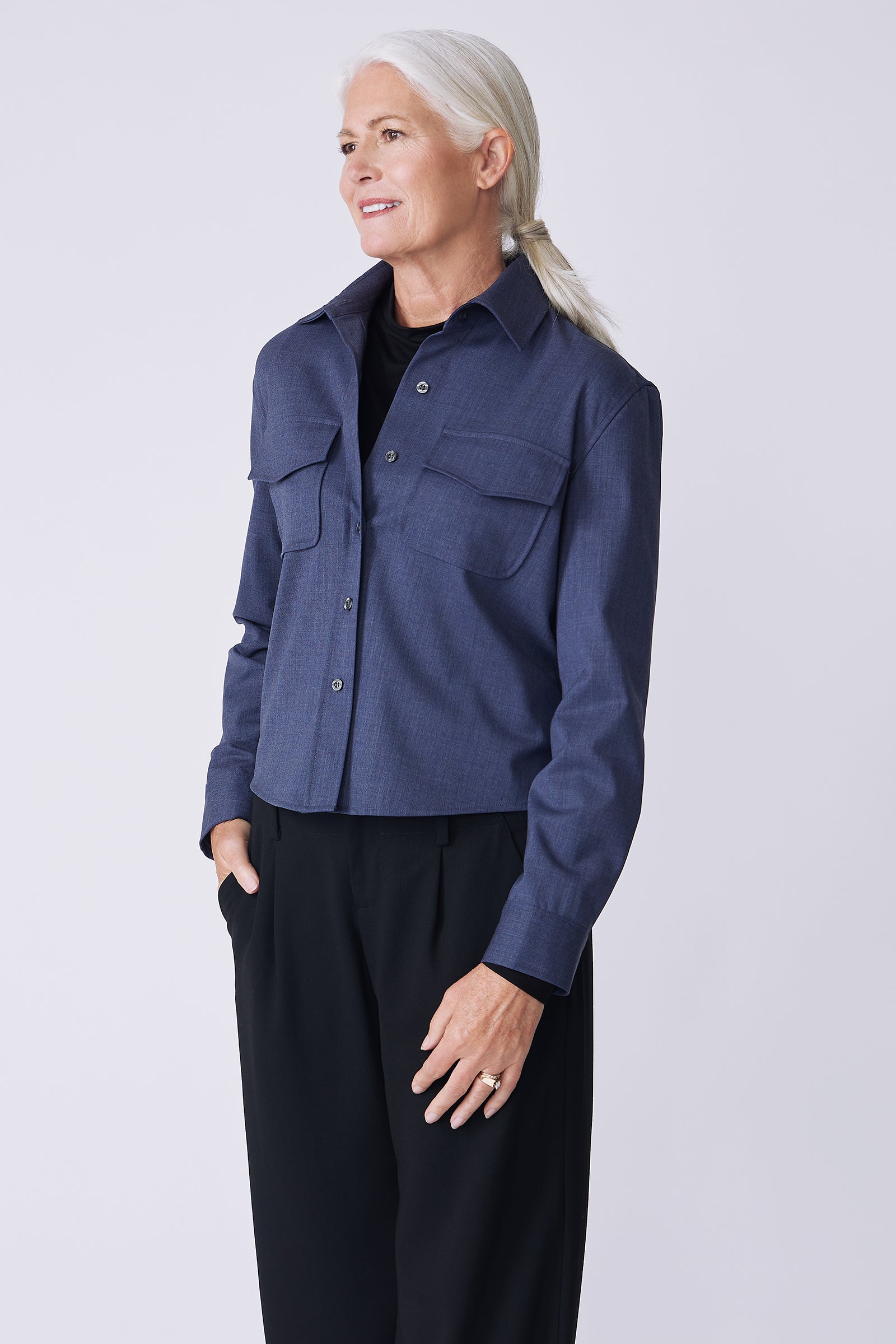 Kal Rieman Crop Tailored Shirt in denim suiting on model side view hand in pocket