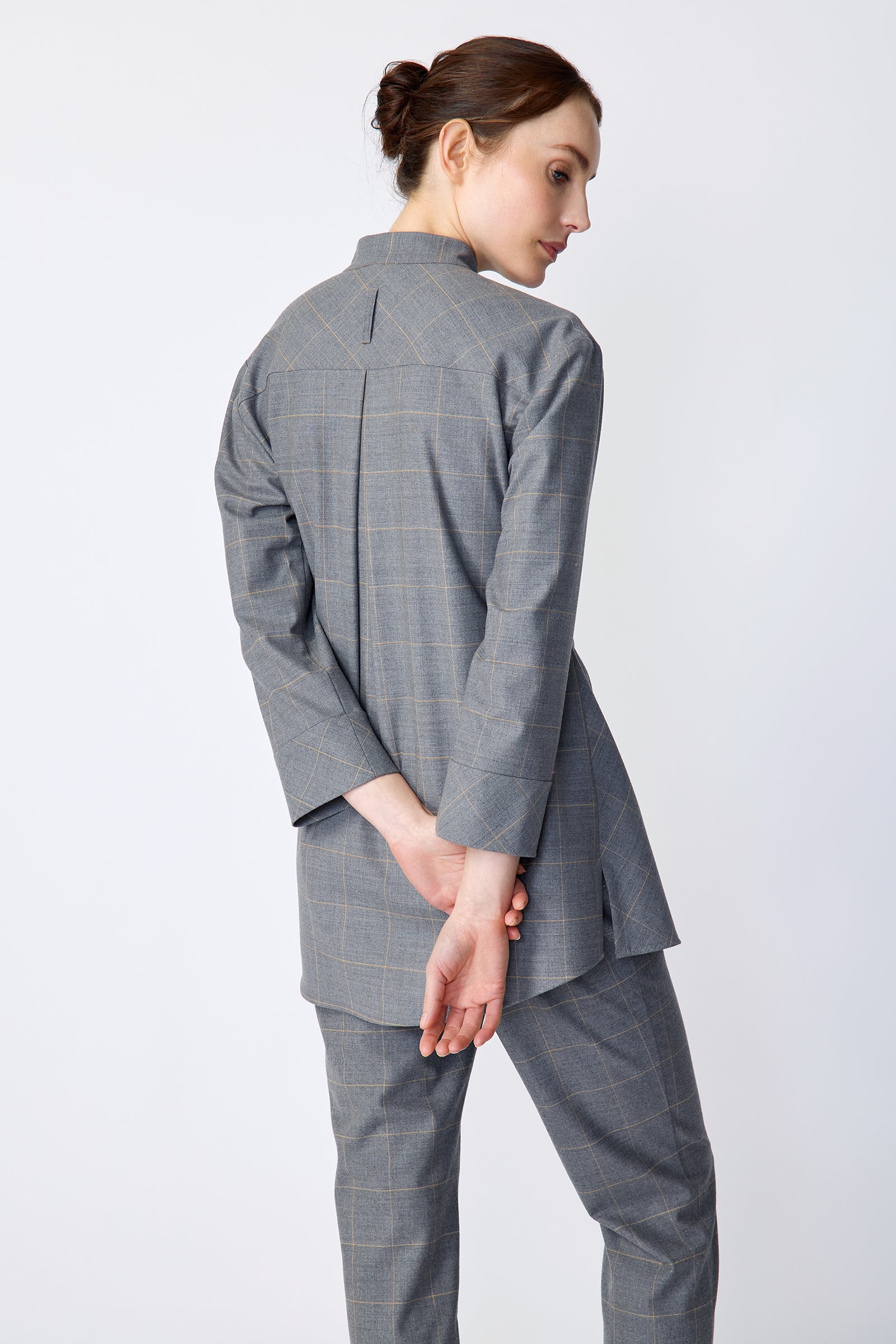 Kal Rieman Cynthia Wrap Top in Italian windowpane on model back view