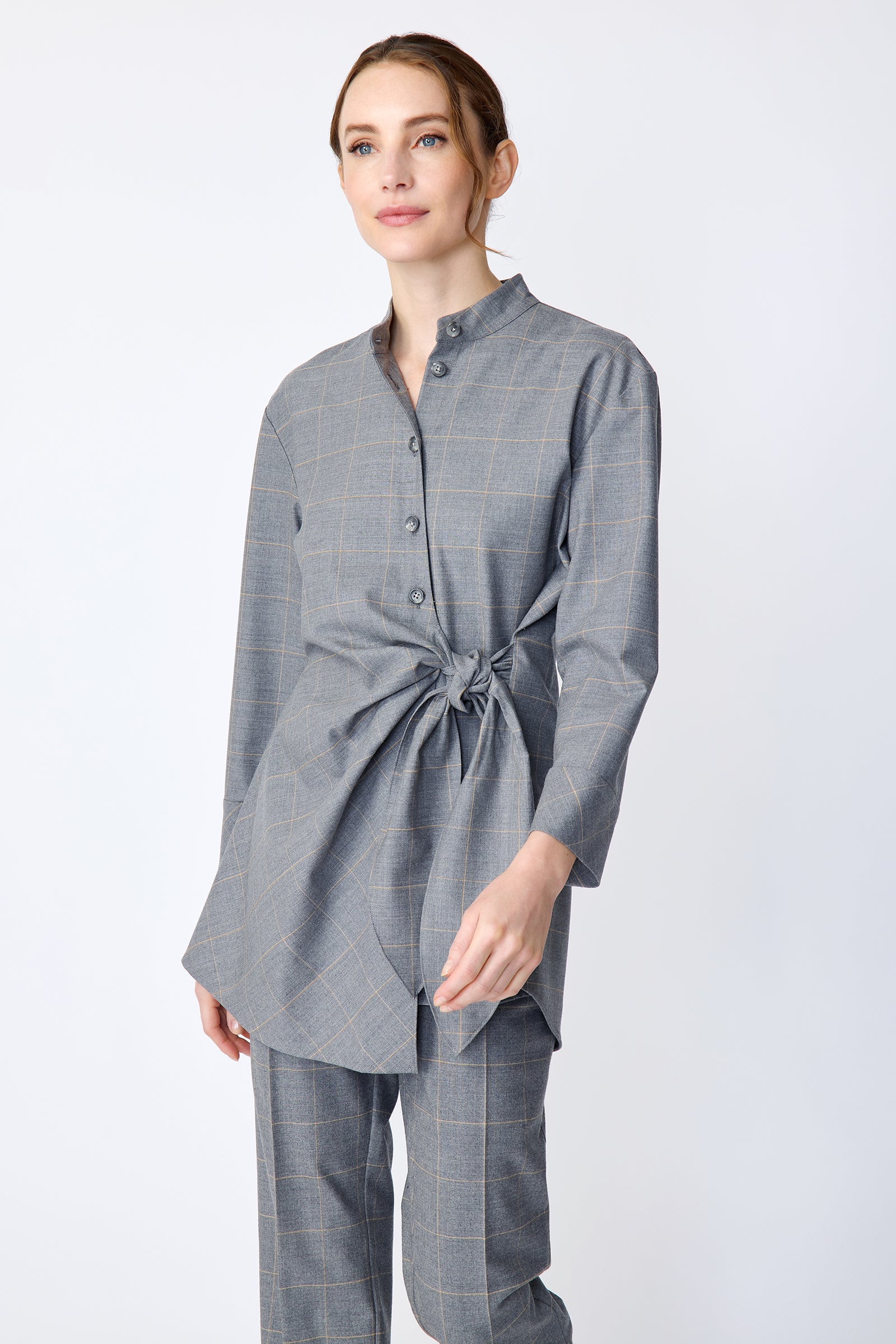 Kal Rieman Cynthia Wrap Top in Italian windowpane on model front view detail walking