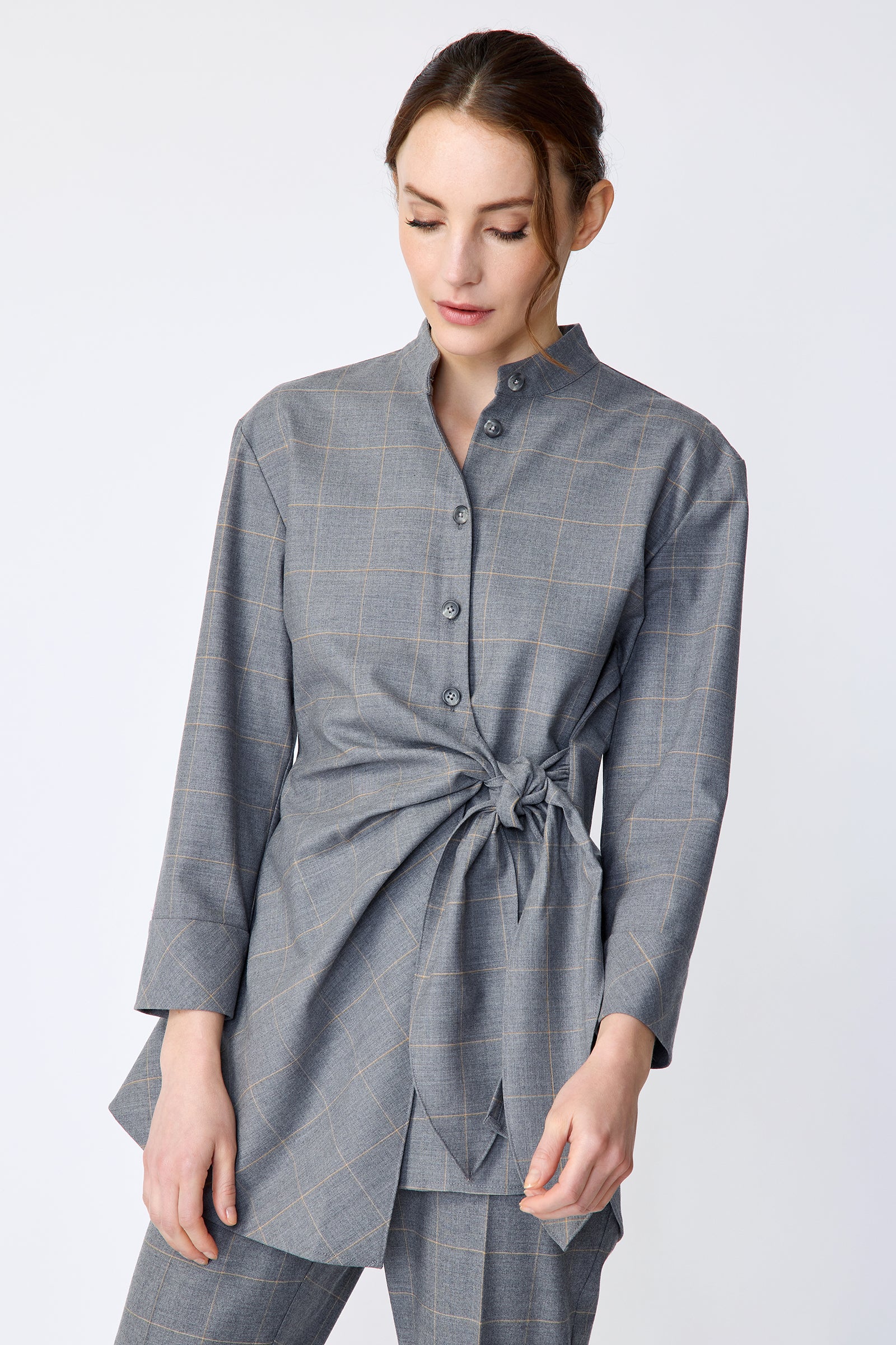 Kal Rieman Cynthia Wrap Top in Italian windowpane on model front view detail