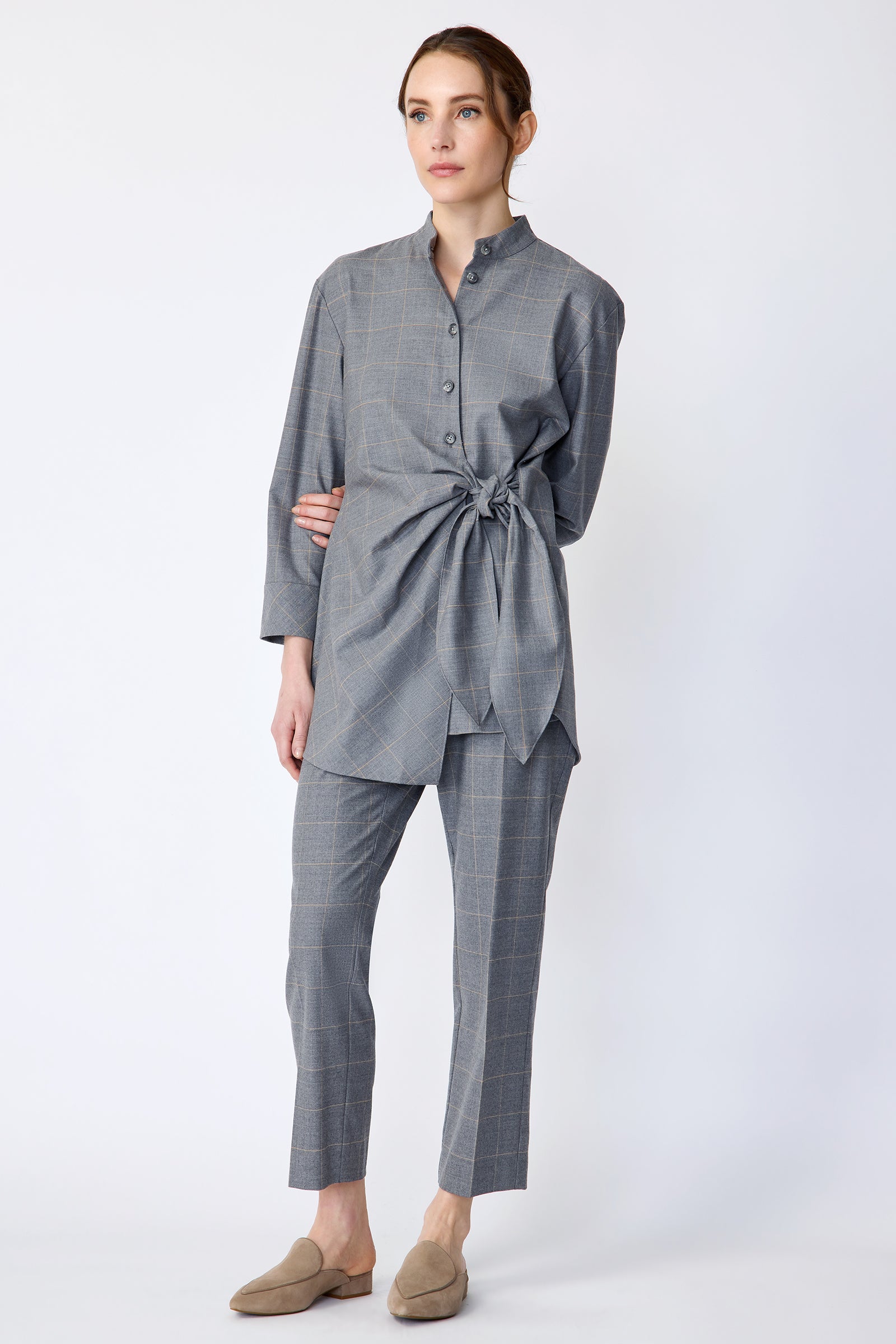 Kal Rieman Cynthia Wrap Top in Italian windowpane on model front view full
