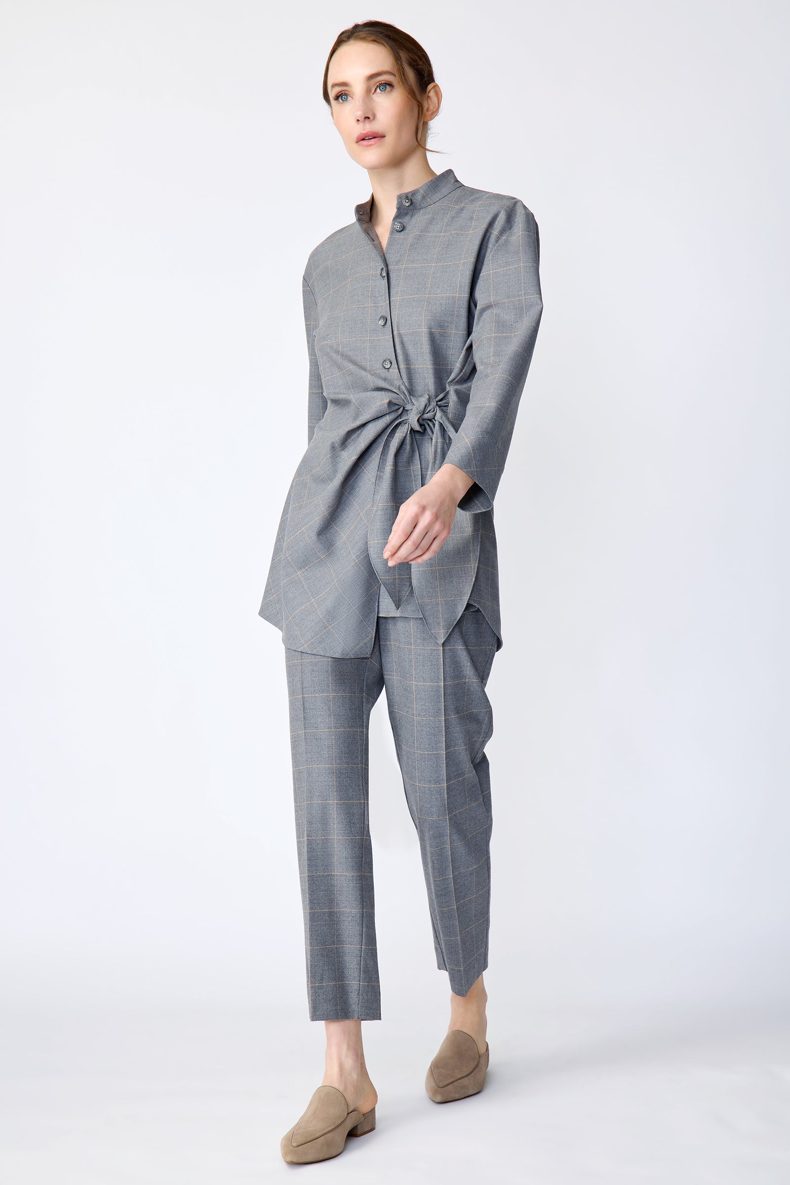 Kal Rieman Cynthia Wrap Top in Italian windowpane on model front walking