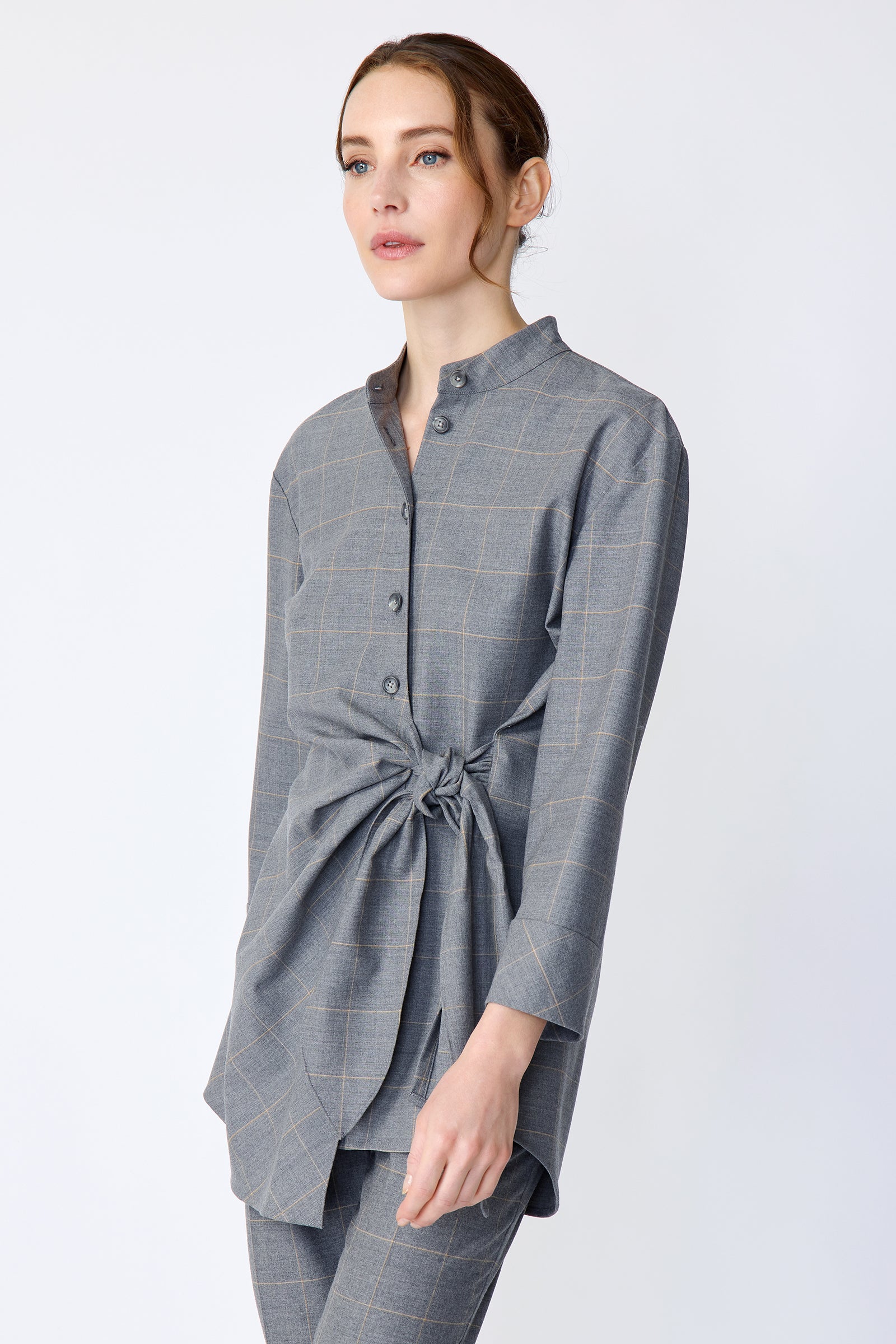 Kal Rieman Cynthia Wrap Top in Italian windowpane on model side view