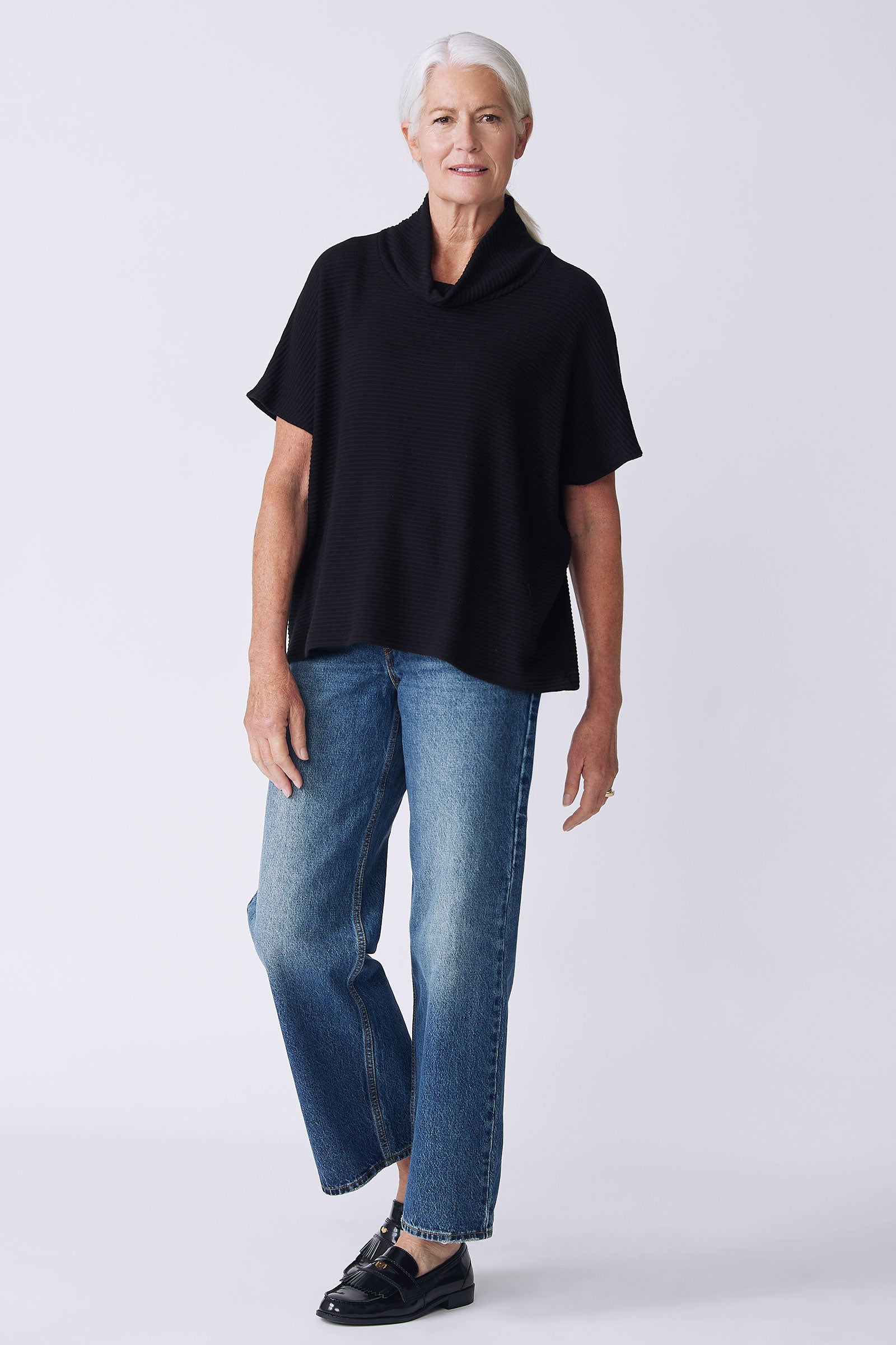 Kal Rieman Dafne Cowl Rib T-Neck in black on model front view full look