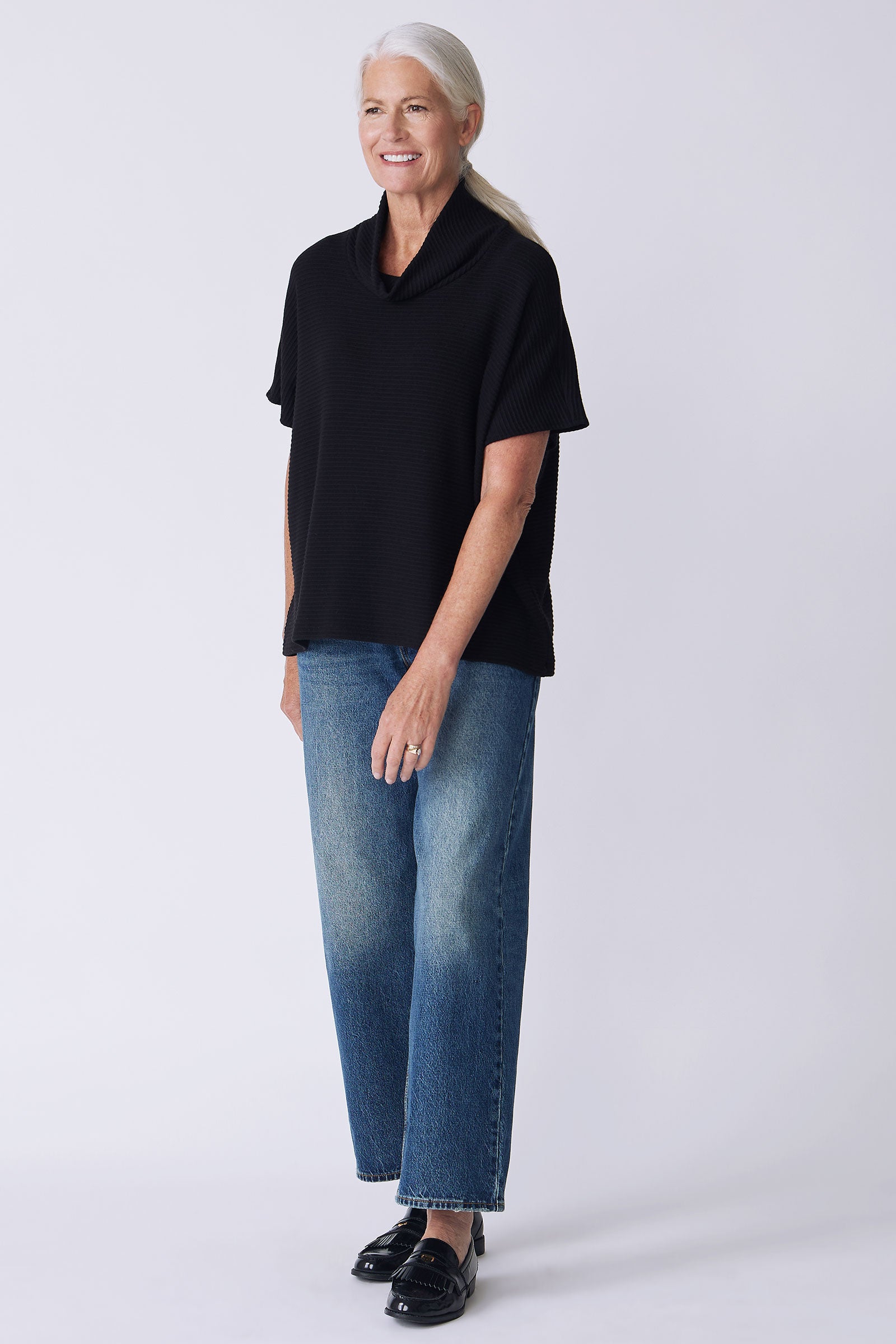 Kal Rieman Dafne Cowl Rib T-Neck in black on model side view full look