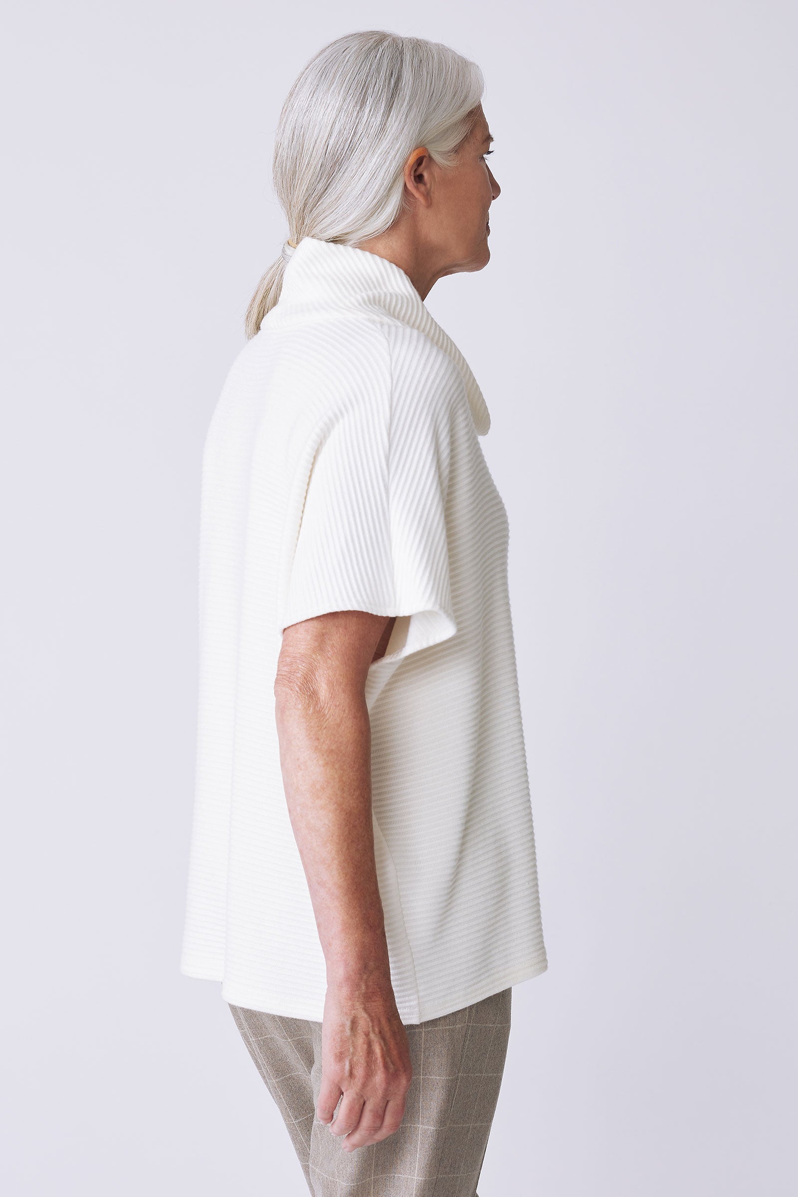 Kal Rieman Dafne Cowl Rib Tneck in ivory on model back view detail