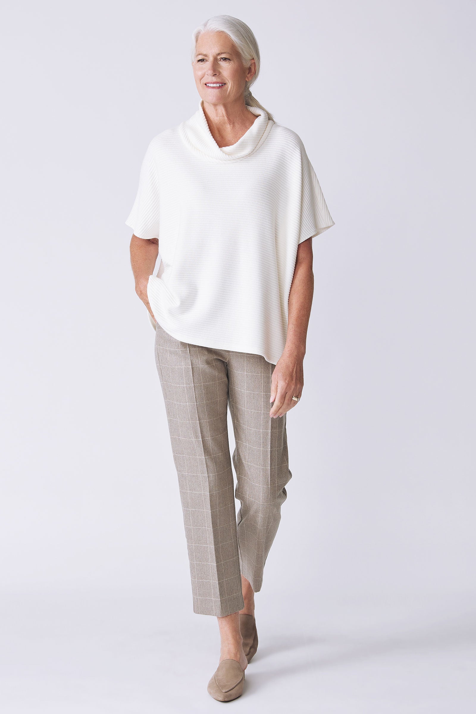 Kal Rieman Dafne Cowl Rib Tneck in ivory on model front view full look
