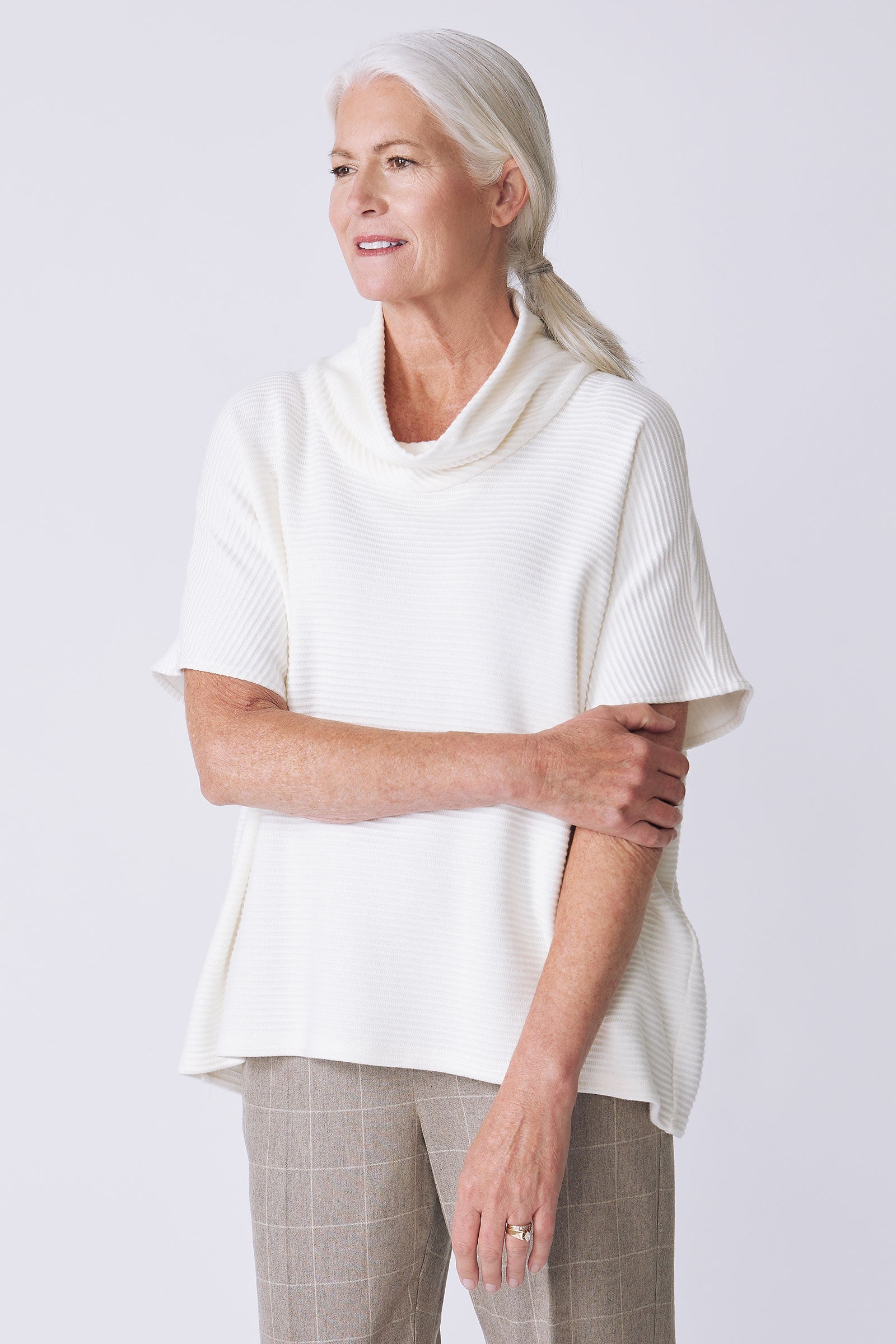 Kal Rieman Dafne Cowl Rib Tneck in ivory on model side view detail