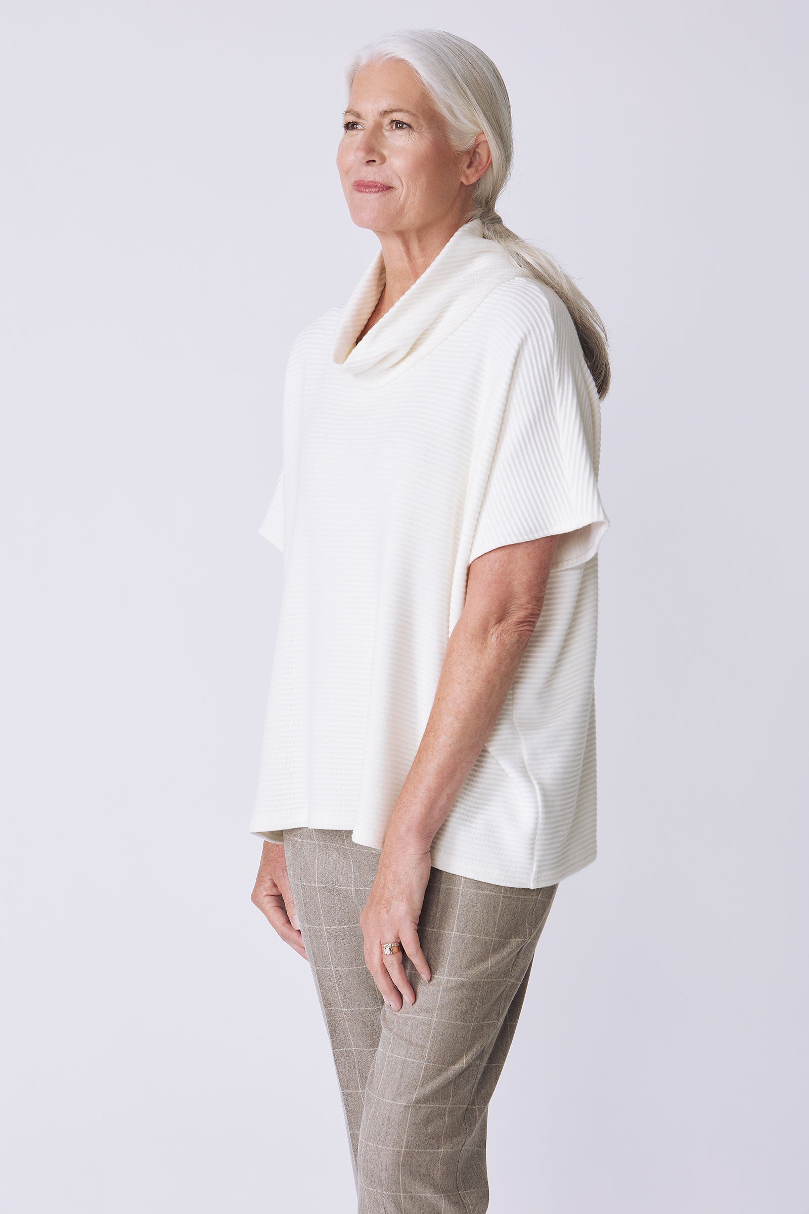 Kal Rieman Dafne Cowl Rib Tneck in ivory on model side view detail