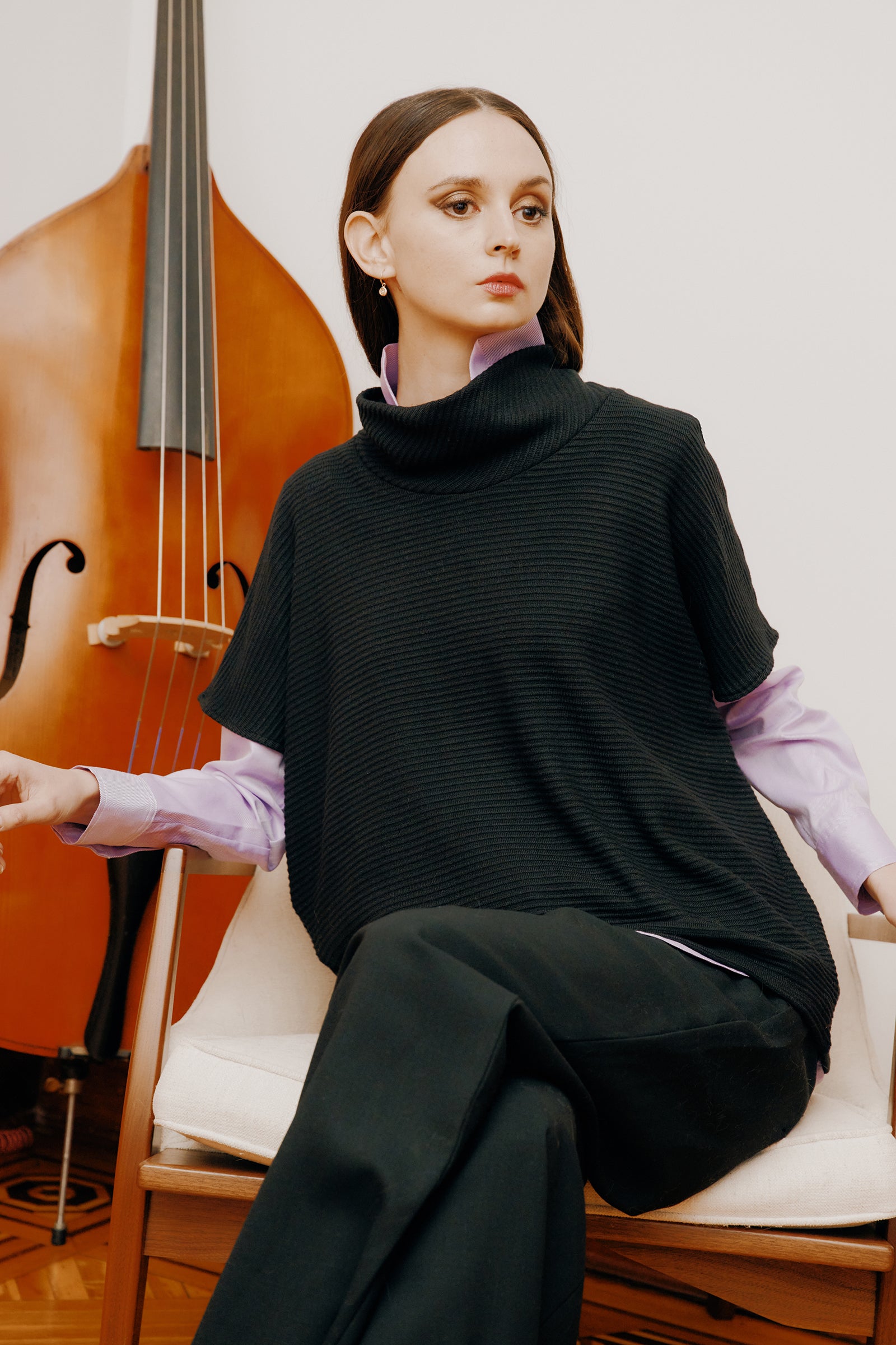 Kal Rieman Dafne Cowl Tneck in black on model lookbook image