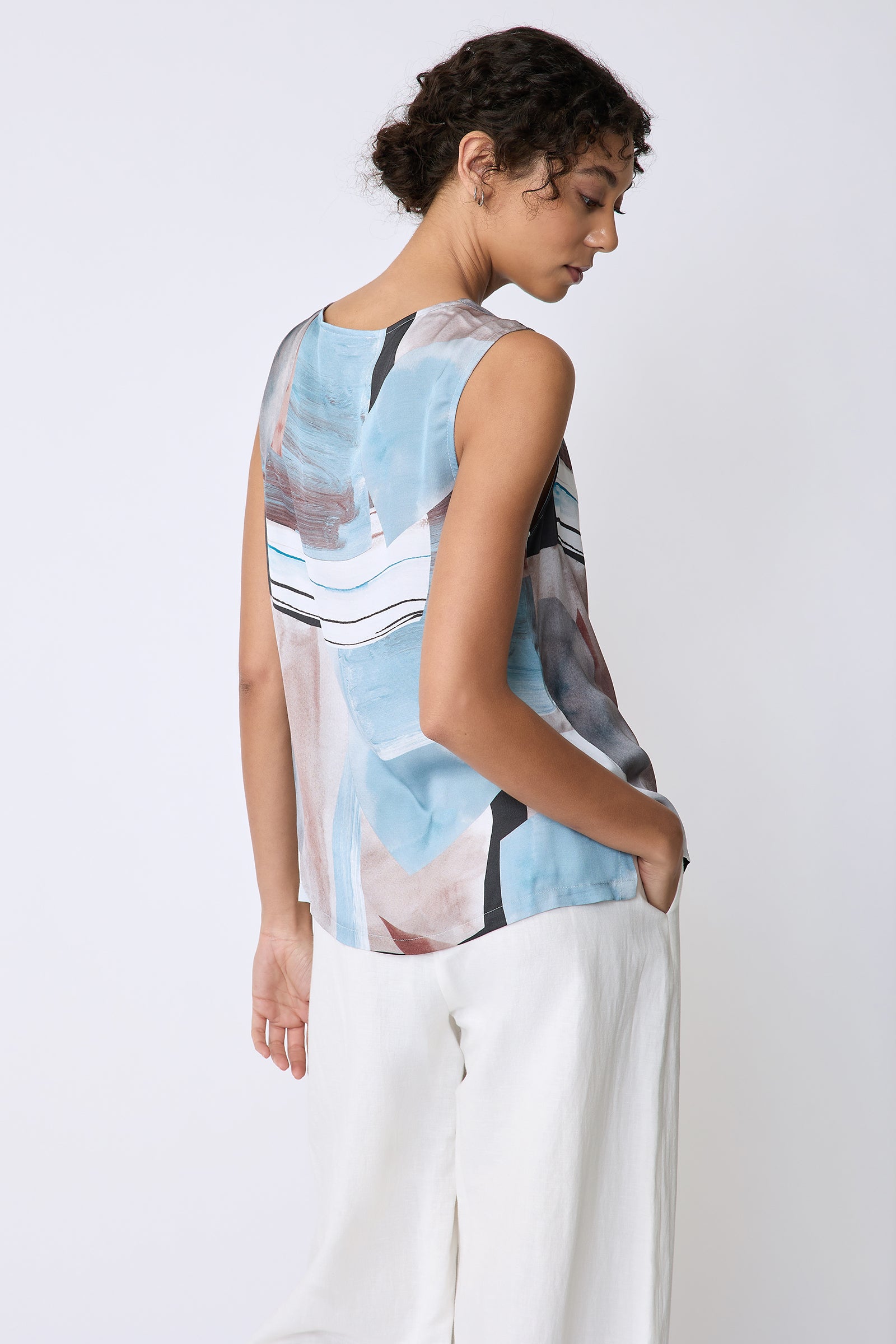Kal Rieman Dani Drape Top in Sante Fe blue print on model back view