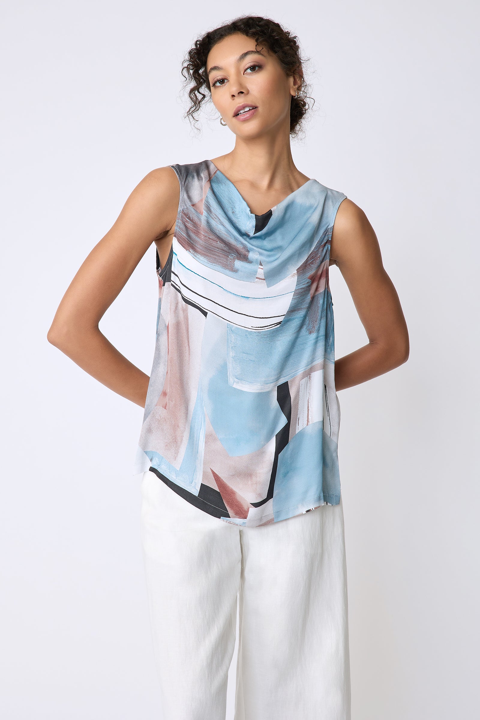 Kal Rieman Dani Drape Top in Sante Fe blue print on model front view hands behind back