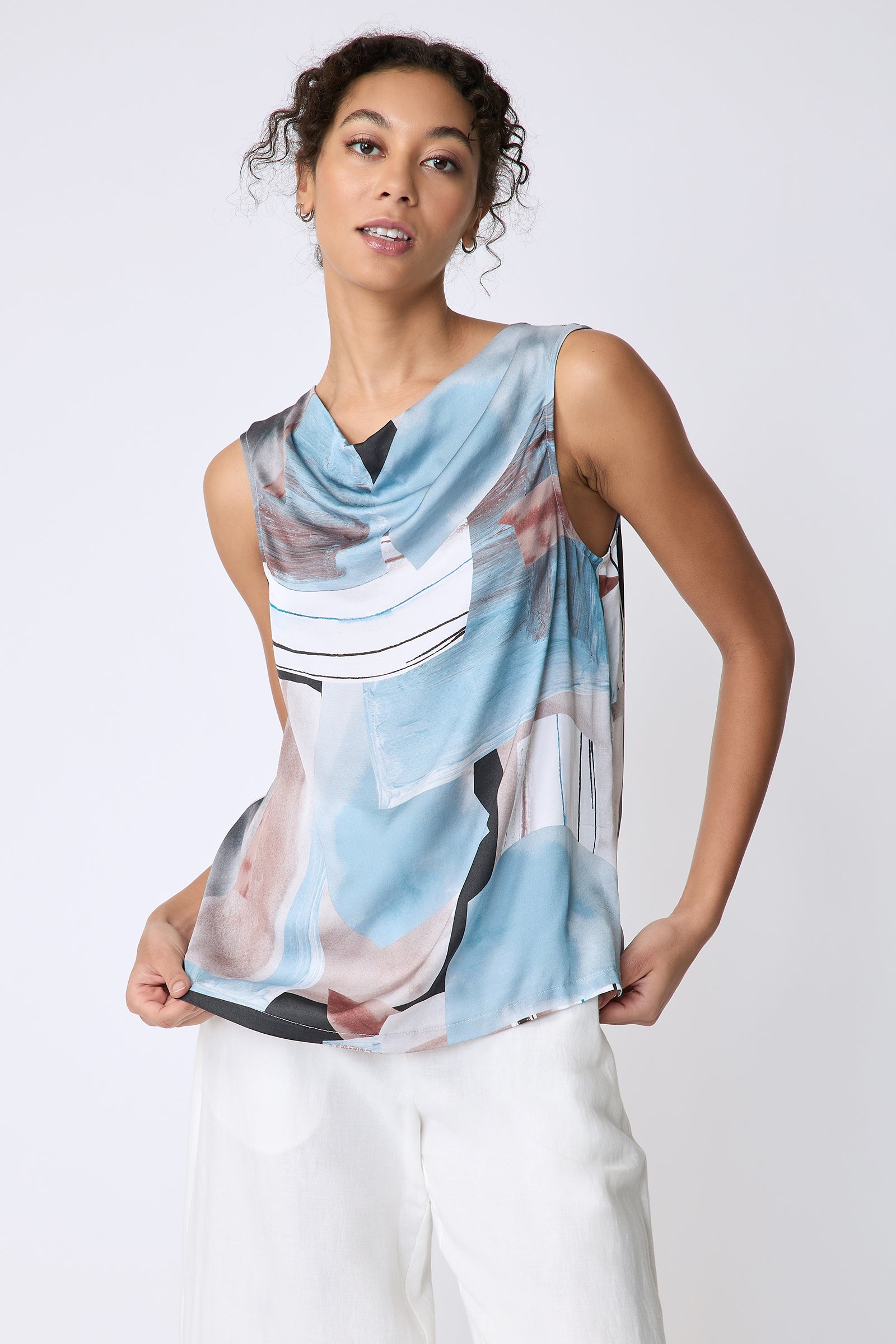 Kal Rieman Dani Drape Top in Sante Fe blue print on model front view