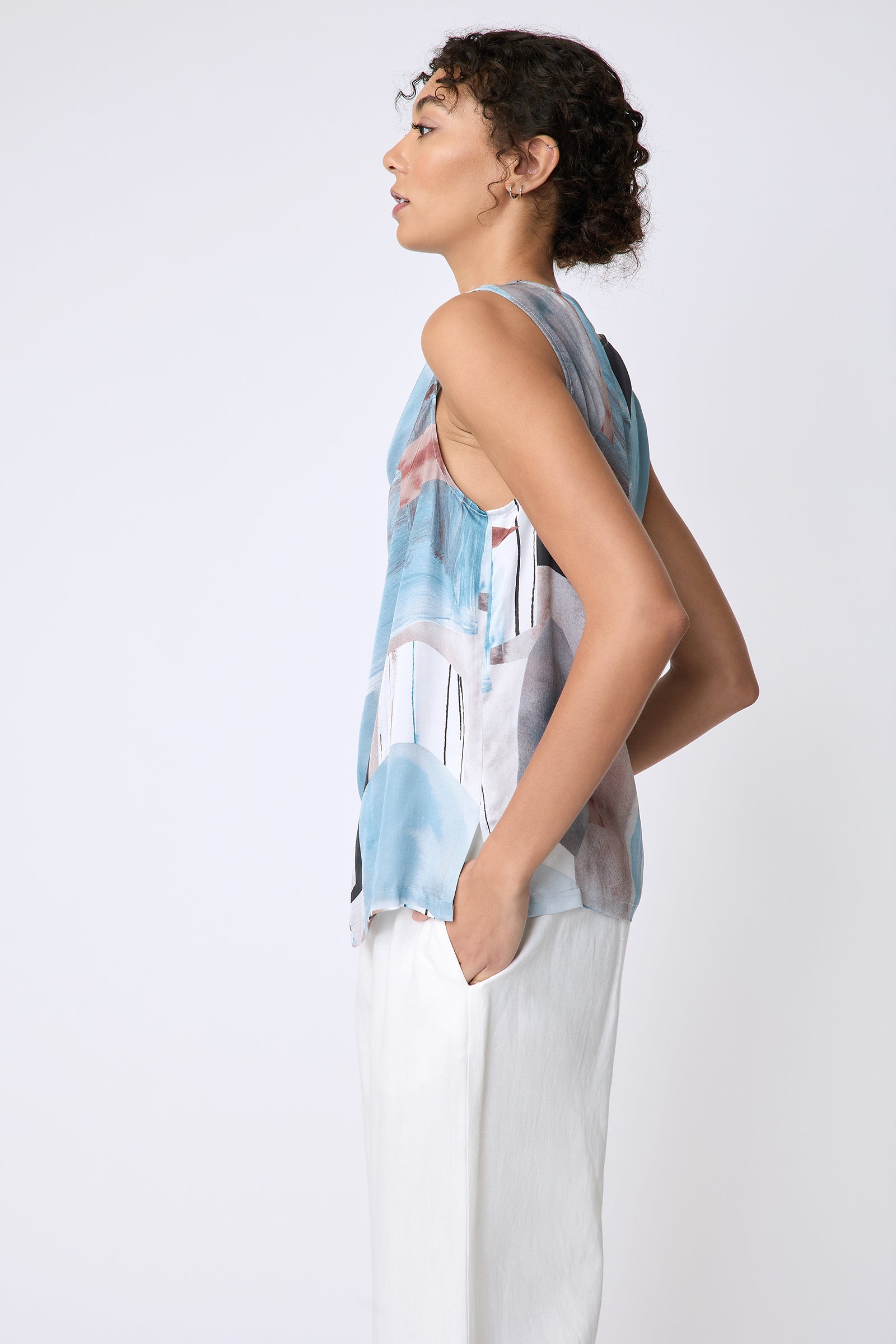 Kal Rieman Dani Drape Top in Sante Fe blue print on model side view