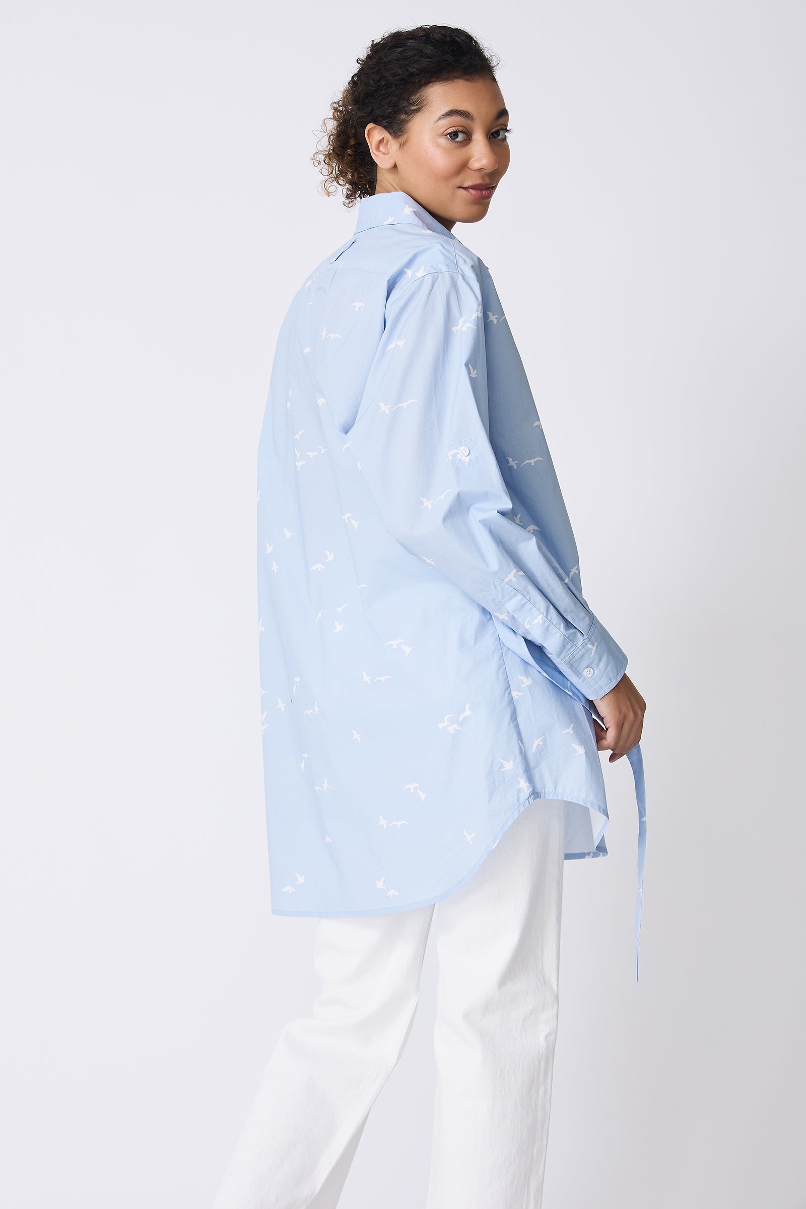 Kal Rieman Deanna Shirt in Oxford Blue Bird Print on model back view