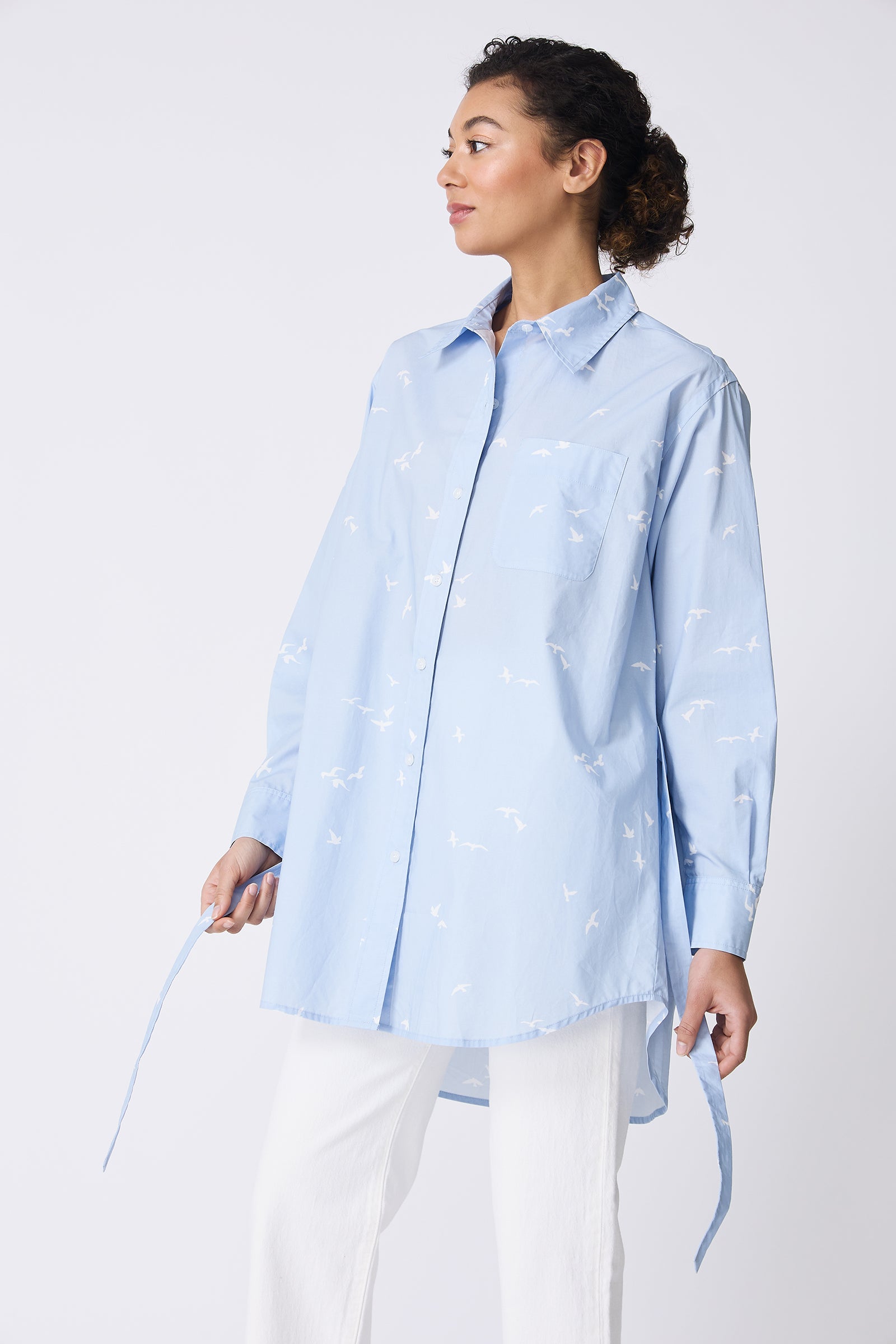 Kal Rieman Deanna Shirt in Oxford Blue Bird Print on model looking right front view