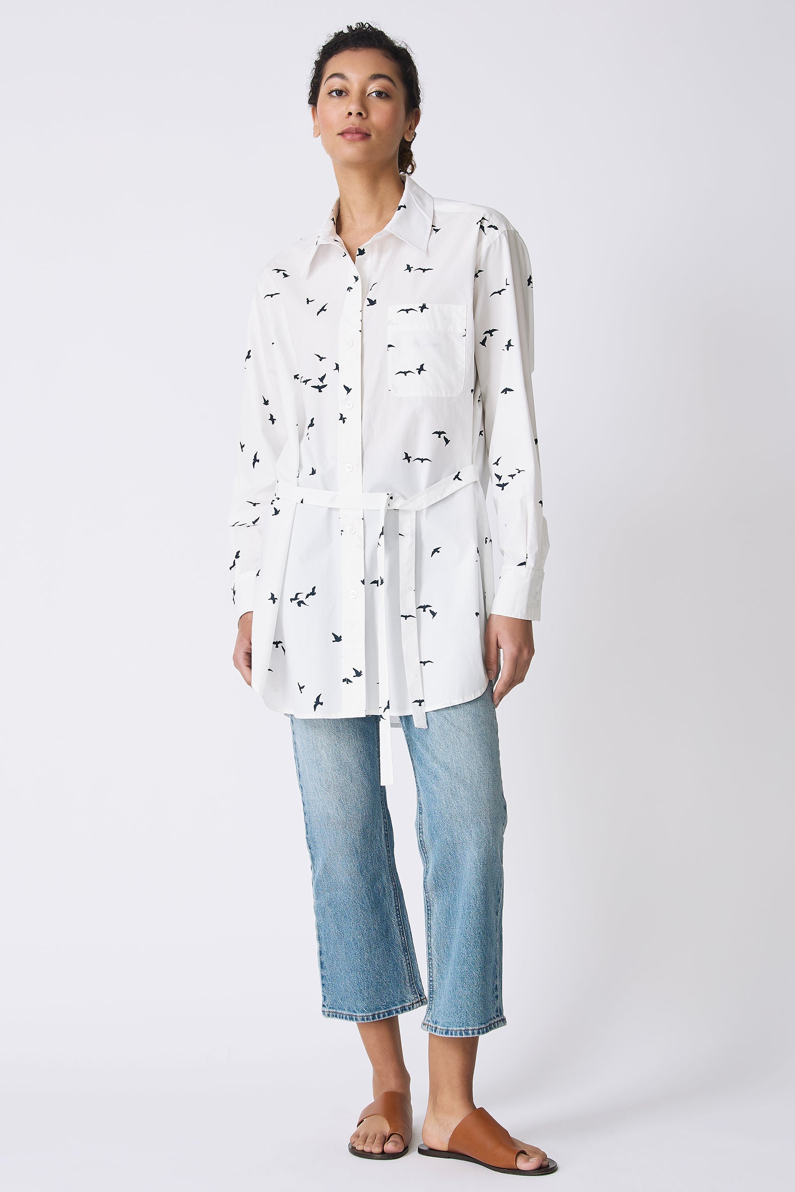 Kal Rieman Deanna Shirt in White Bird Print on model full front view