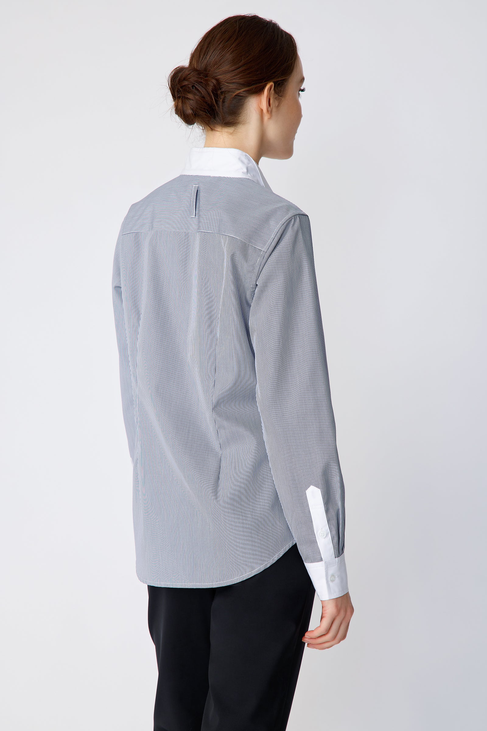 Kal Rieman Double Collar Shirt in Mini Stripe with white collar and cuffs on model back view