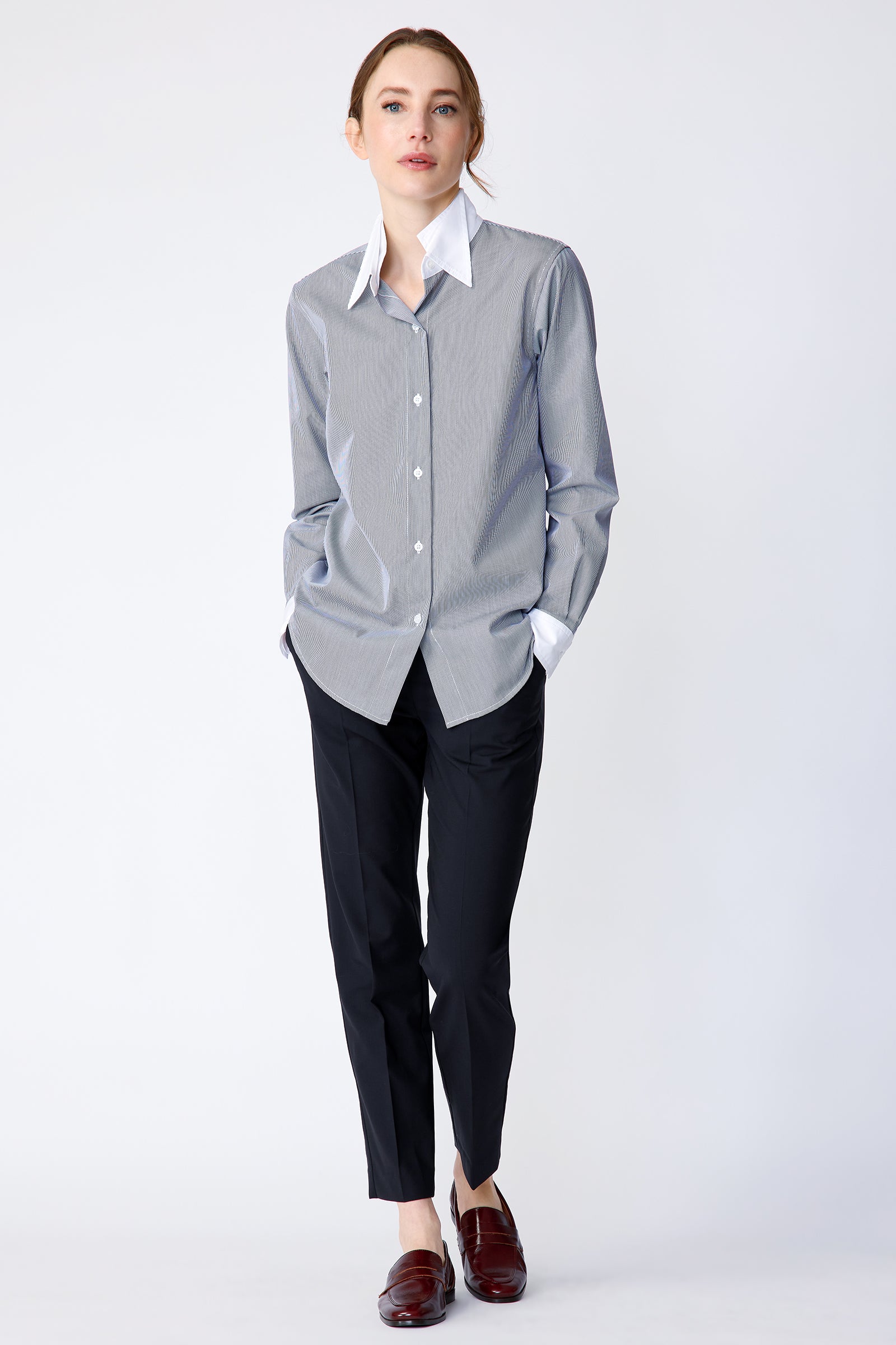 Kal Rieman Double Collar Shirt in Mini Stripe with white collar and cuffs on model full view walking hands in pockets