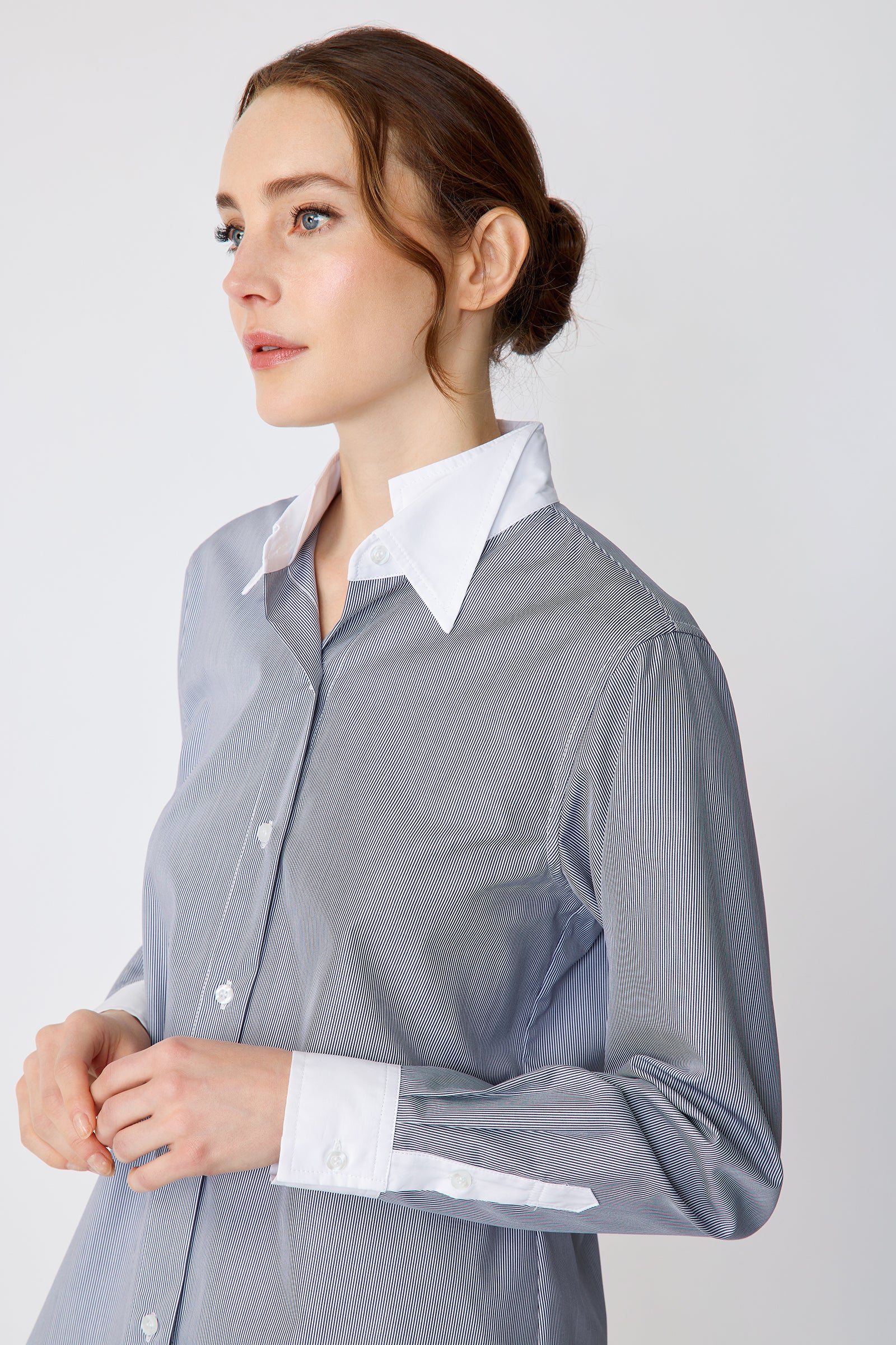 Kal Rieman Double Collar Shirt in Mini Stripe with white collar and cuffs on model side view detail