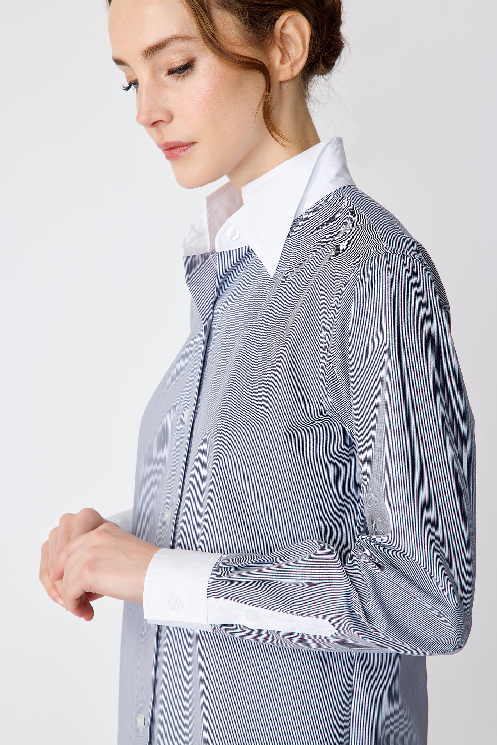 Kal Rieman Double Collar Shirt in Mini Stripe with white collar and cuffs on model side view detail