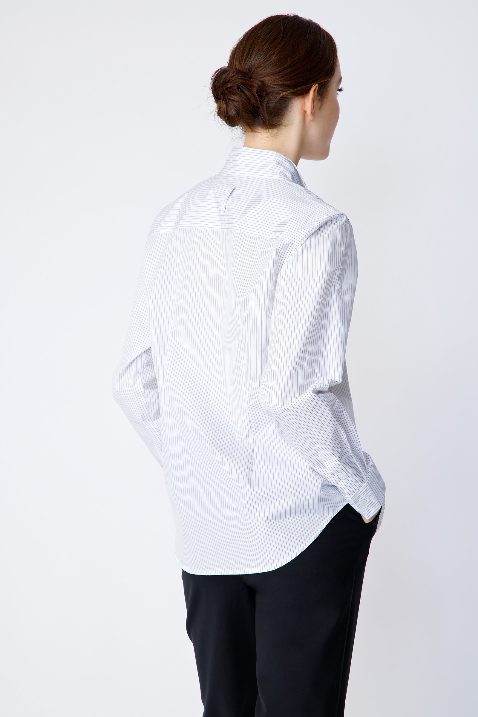 Kal Rieman Double Collar Shirt in pinstripe cotton on model side view