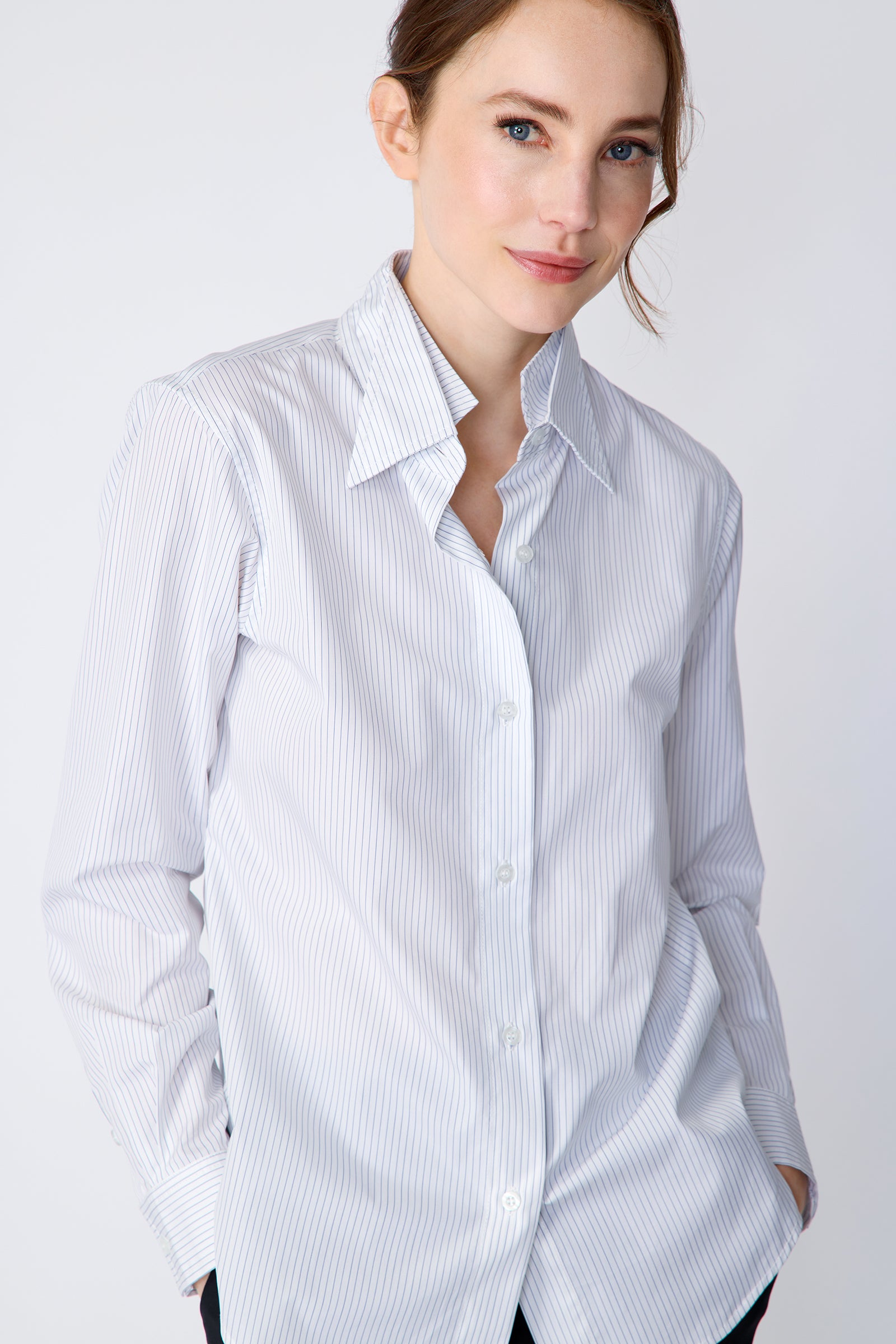 Kal Rieman Double Collar Shirt in pinstripe cotton on model front view detail