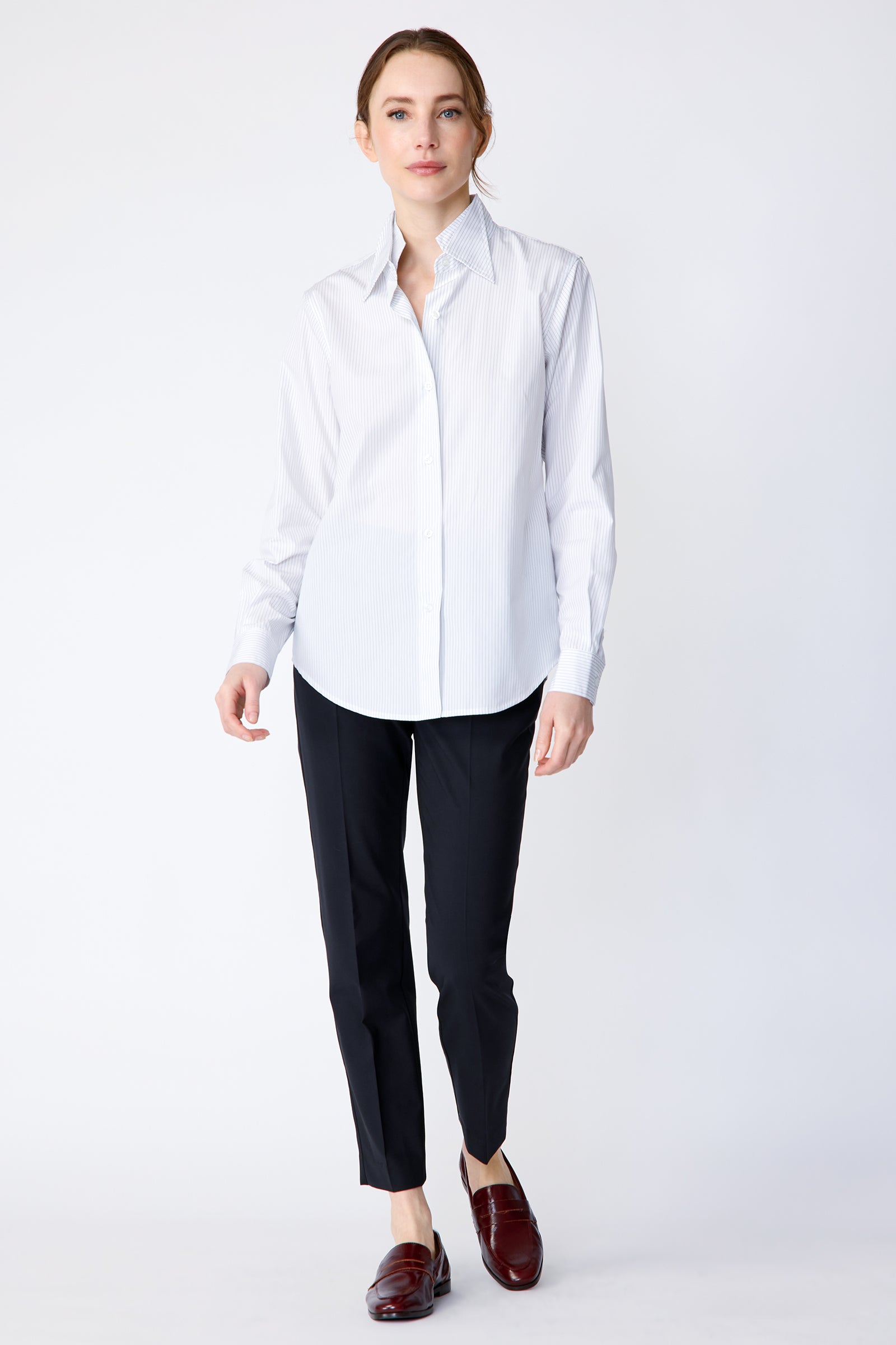 Kal Rieman Double Collar Shirt in pinstripe cotton on model front view full walking