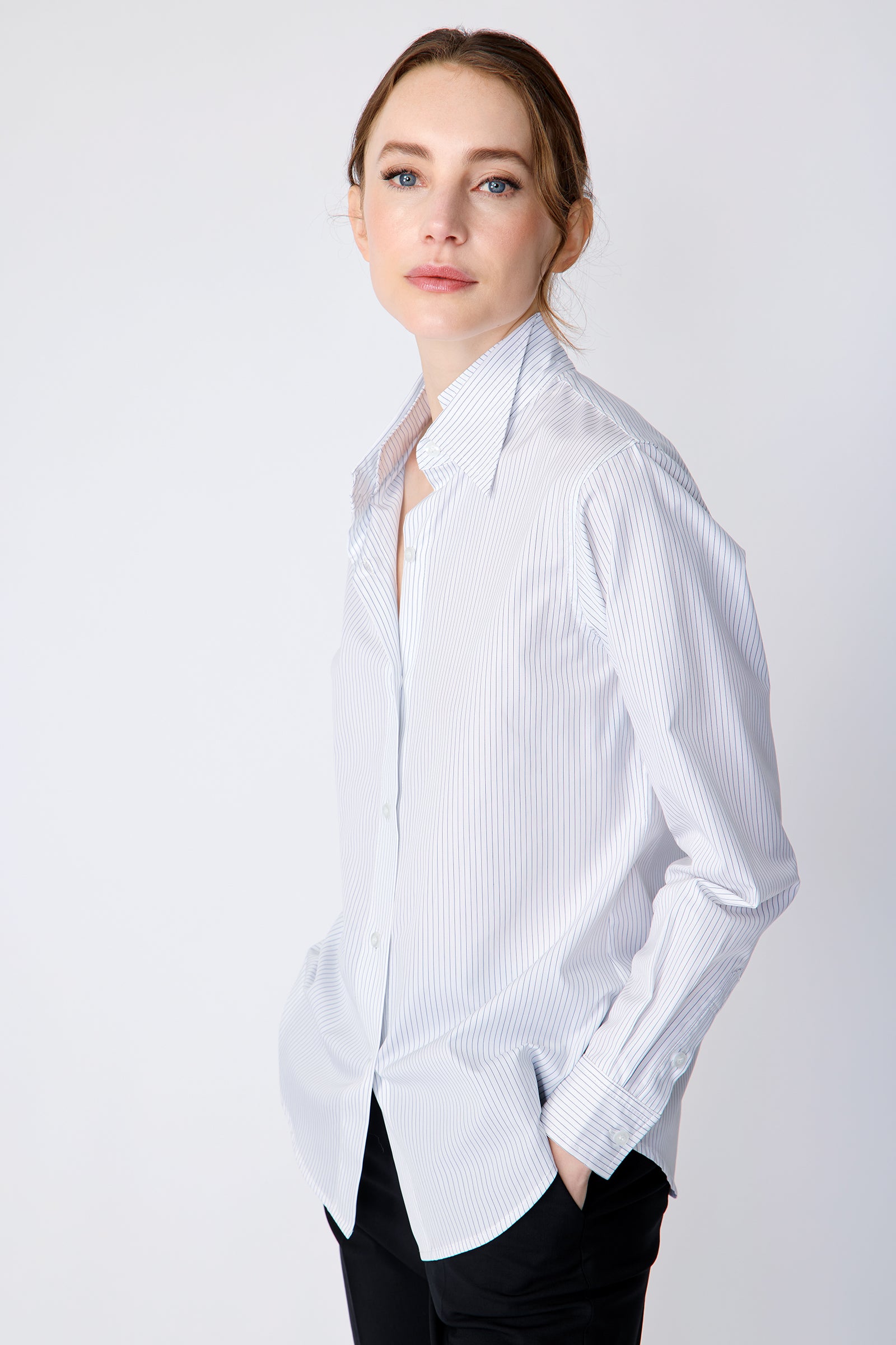 Kal Rieman Double Collar Shirt in pinstripe cotton on model side view