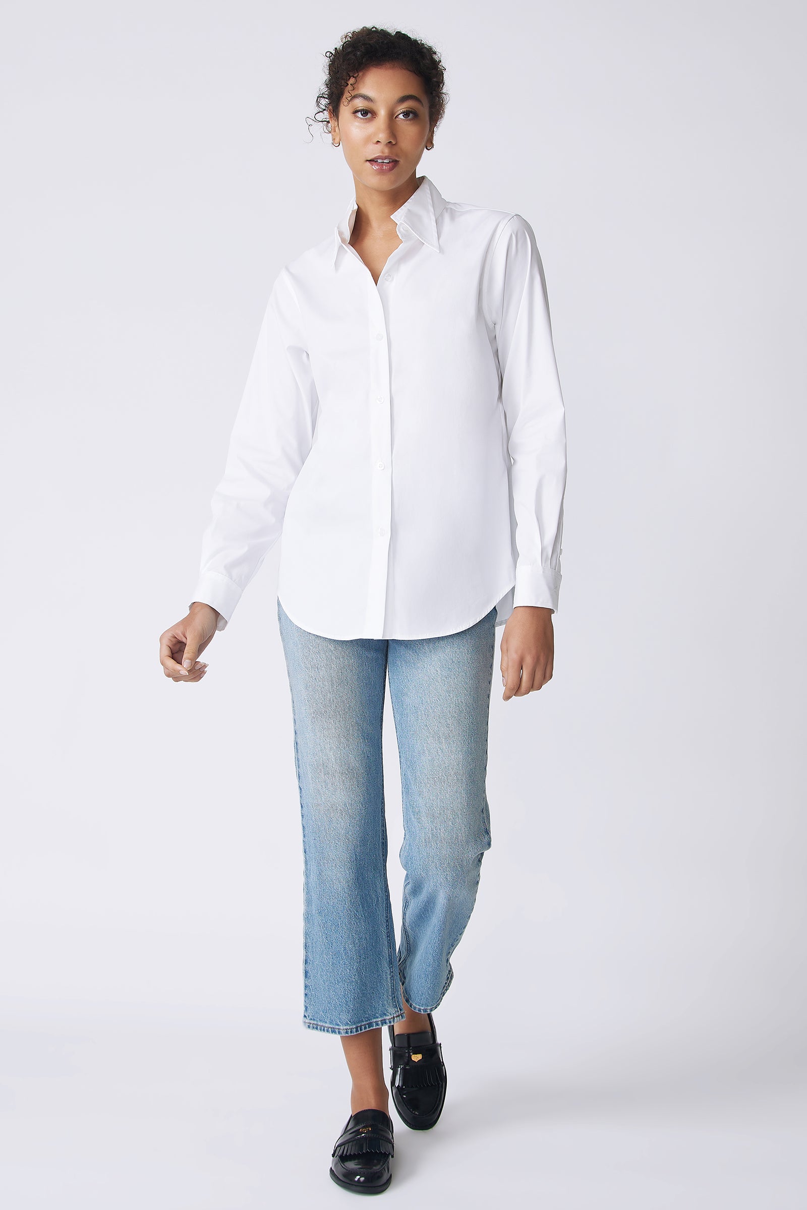 Kal Rieman Double Collar Shirt in white stretch poplin on model front view walking