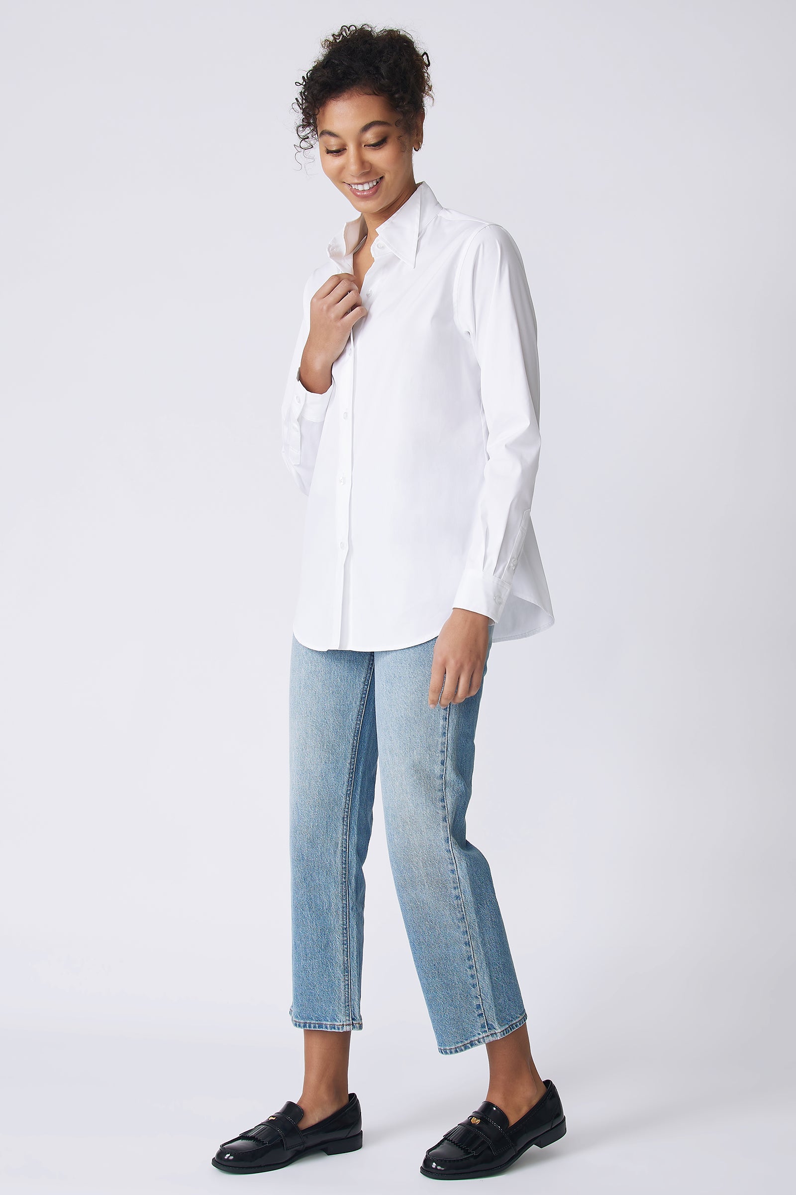 Kal Rieman Double Collar Shirt in white stretch poplin on model side view walking