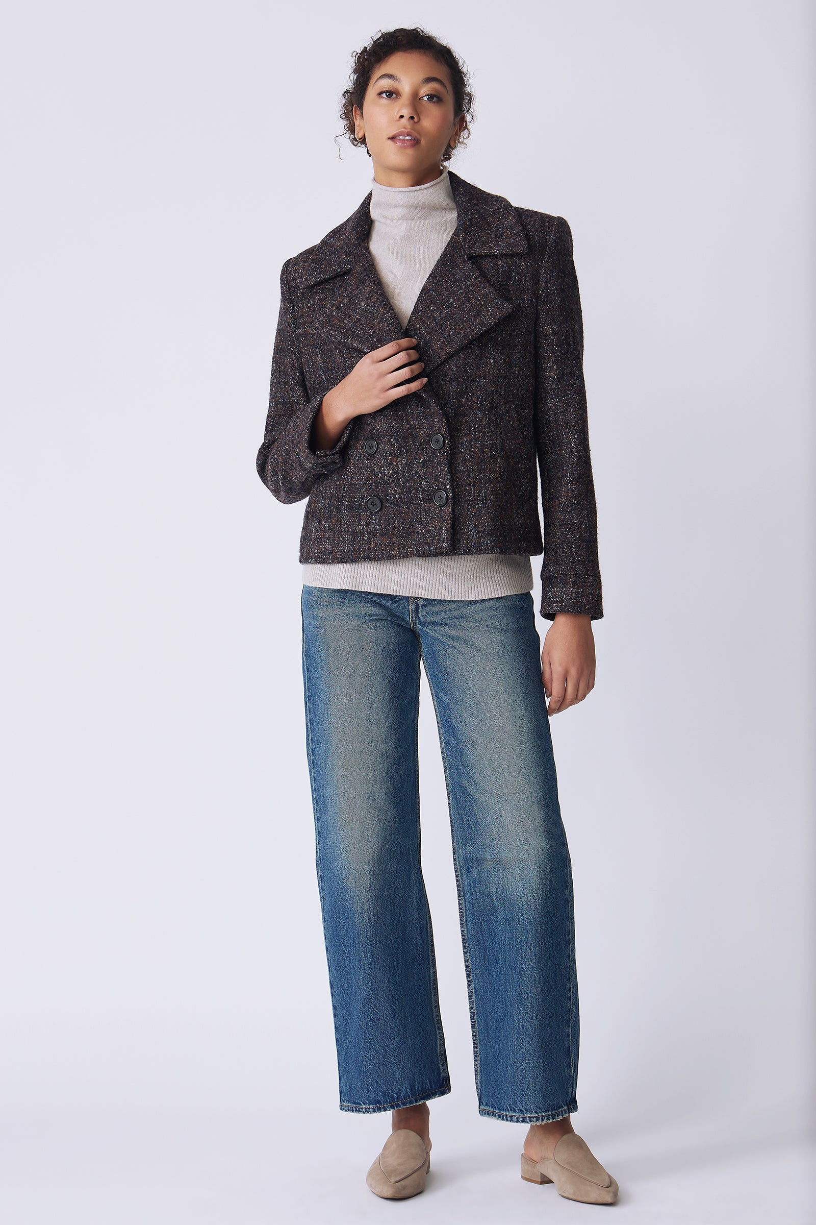 Kal Rieman Edina Jacket in multi on model front view holding collar
