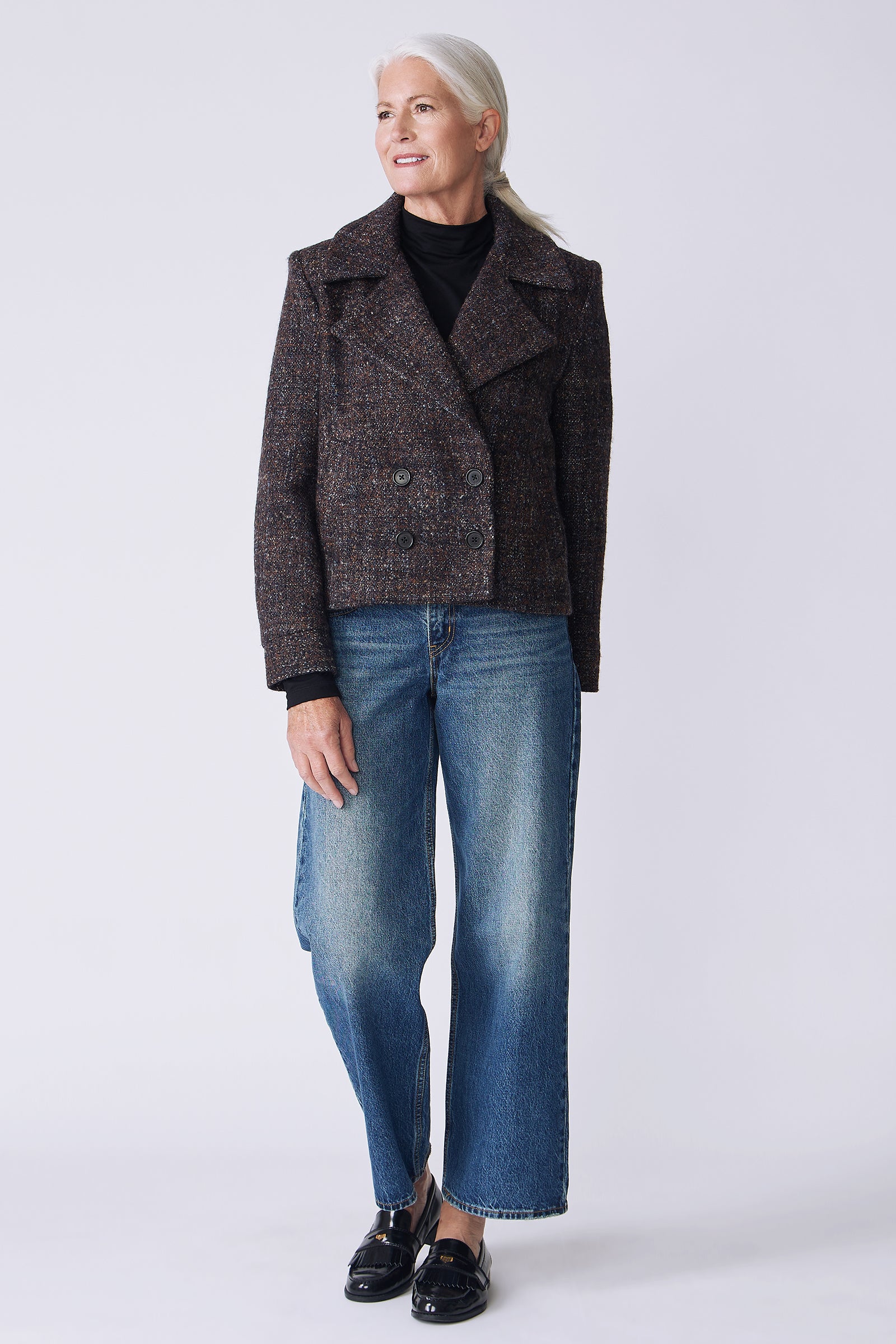 Kal Rieman Edina Jacket in multi on model front view holding collar