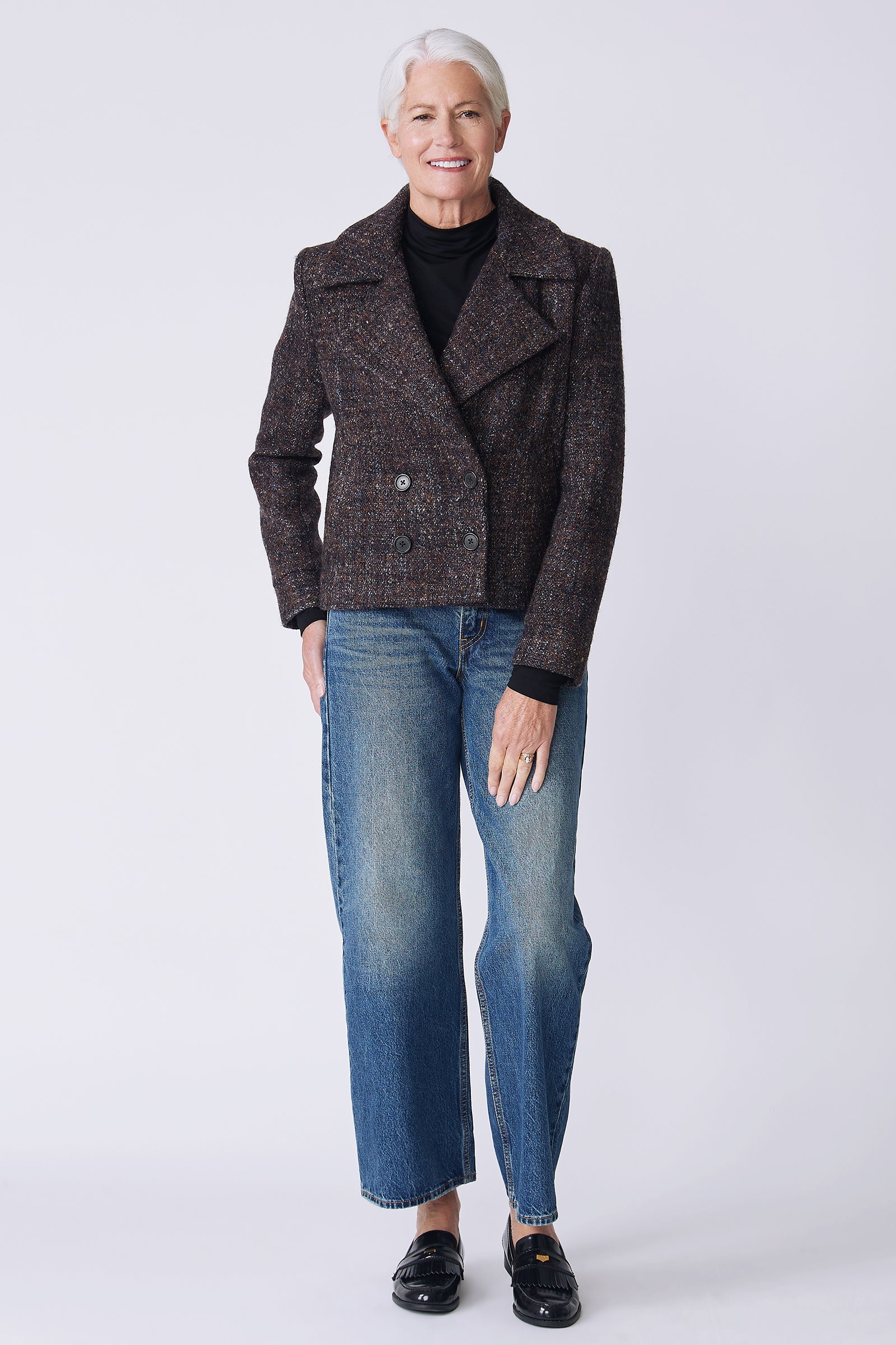 Kal Rieman Edina Jacket in multi on model front view walking hand in back pocket
