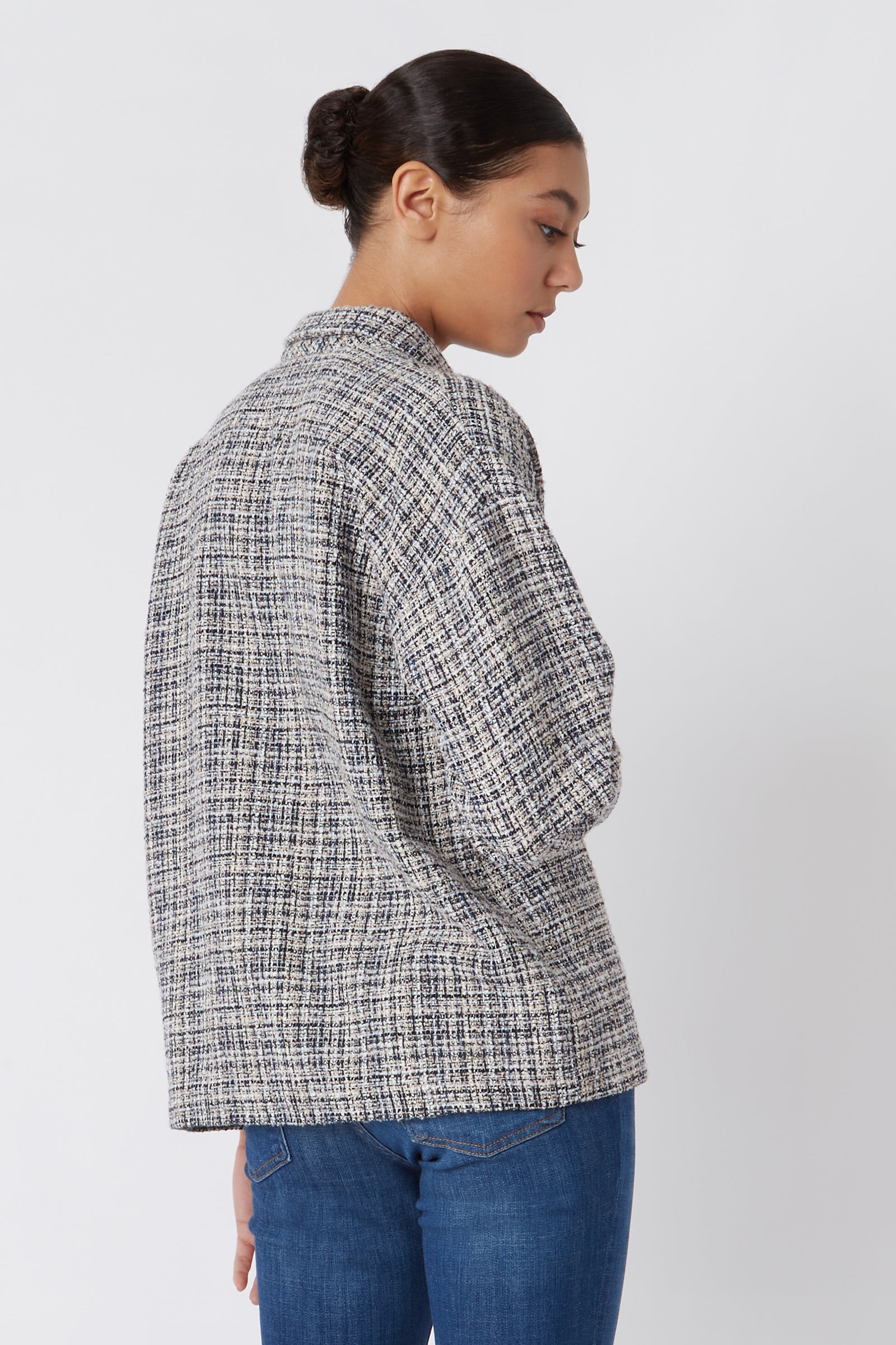 Kal Rieman Elaine Notch Collar Pullover in Spanish Multi Tweed on Model Cropped Back View