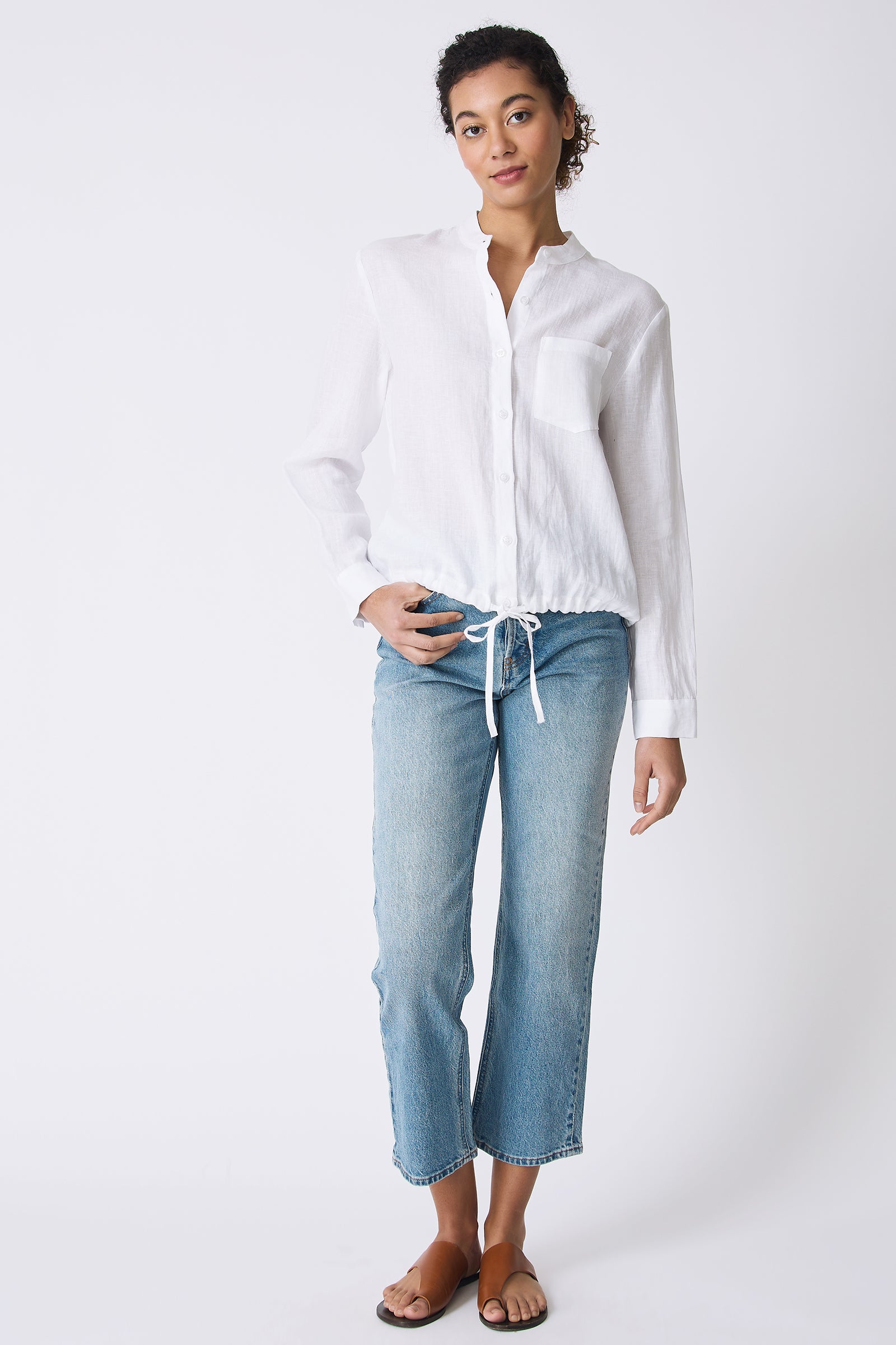 Kal Rieman Ella Drawstring Shirt in White on model full front view
