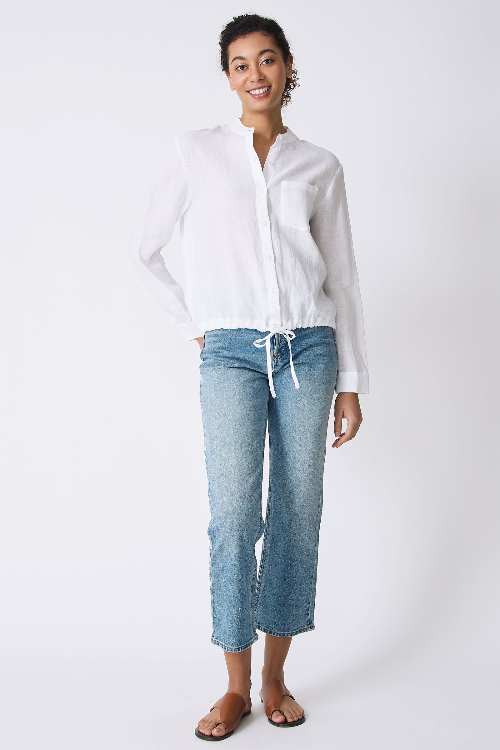 Kal Rieman Ella Drawstring Shirt in White on model smiling full front view