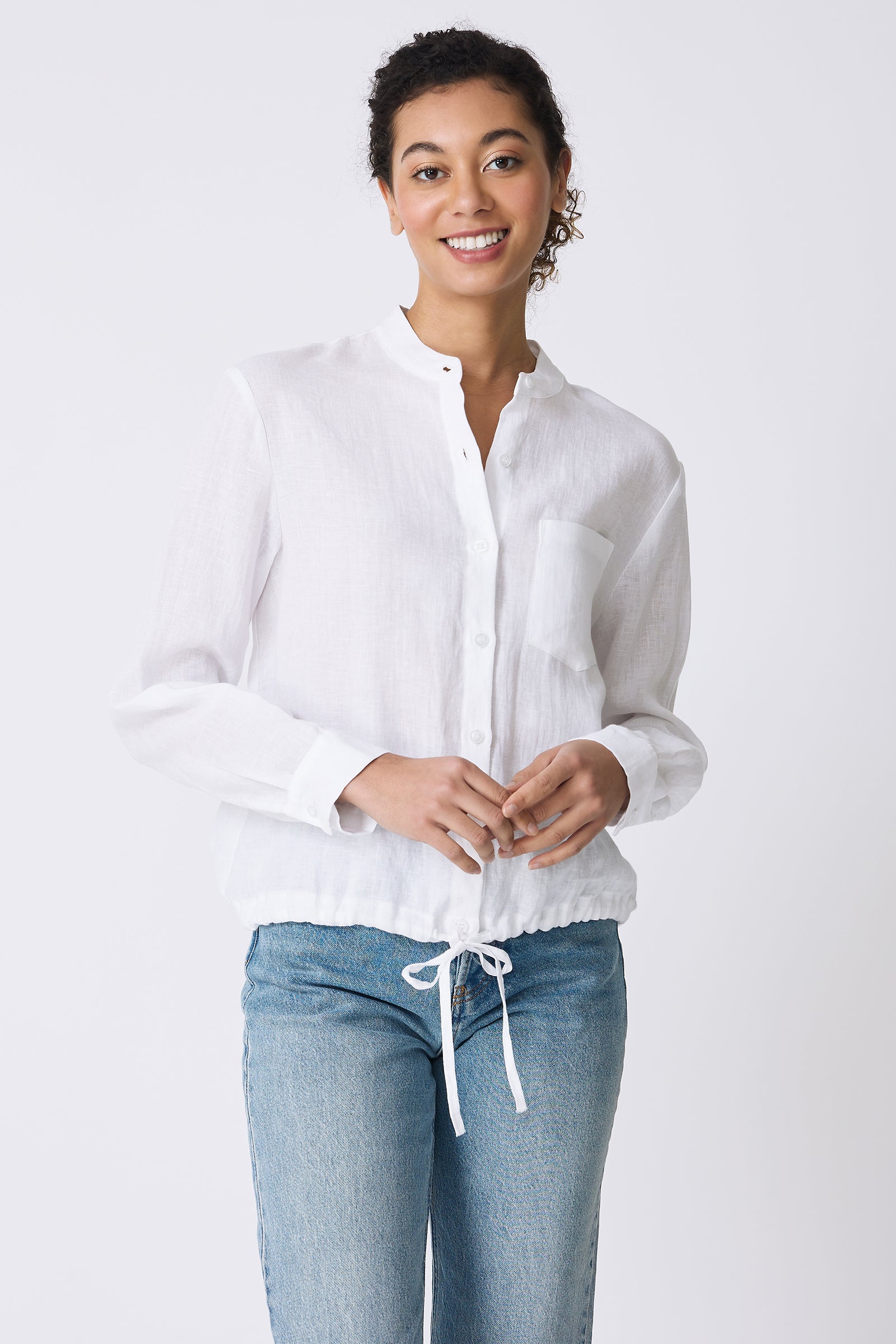 Kal Rieman Ella Drawstring Shirt in White on model smiling front view