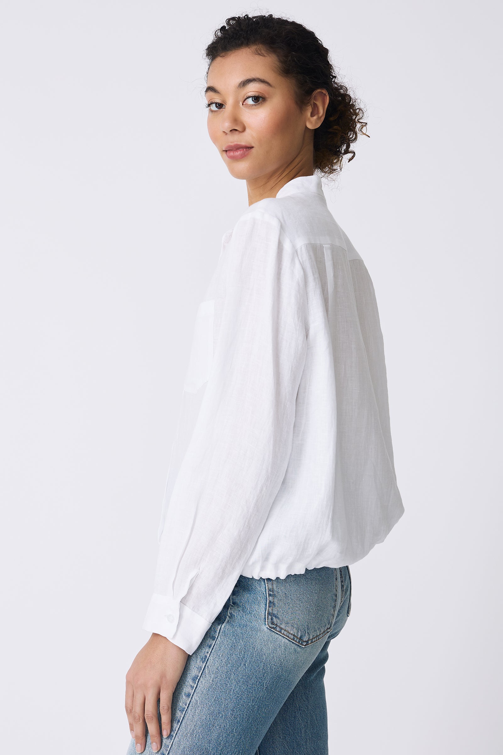Kal Rieman Ella Drawstring Shirt in White on model side view