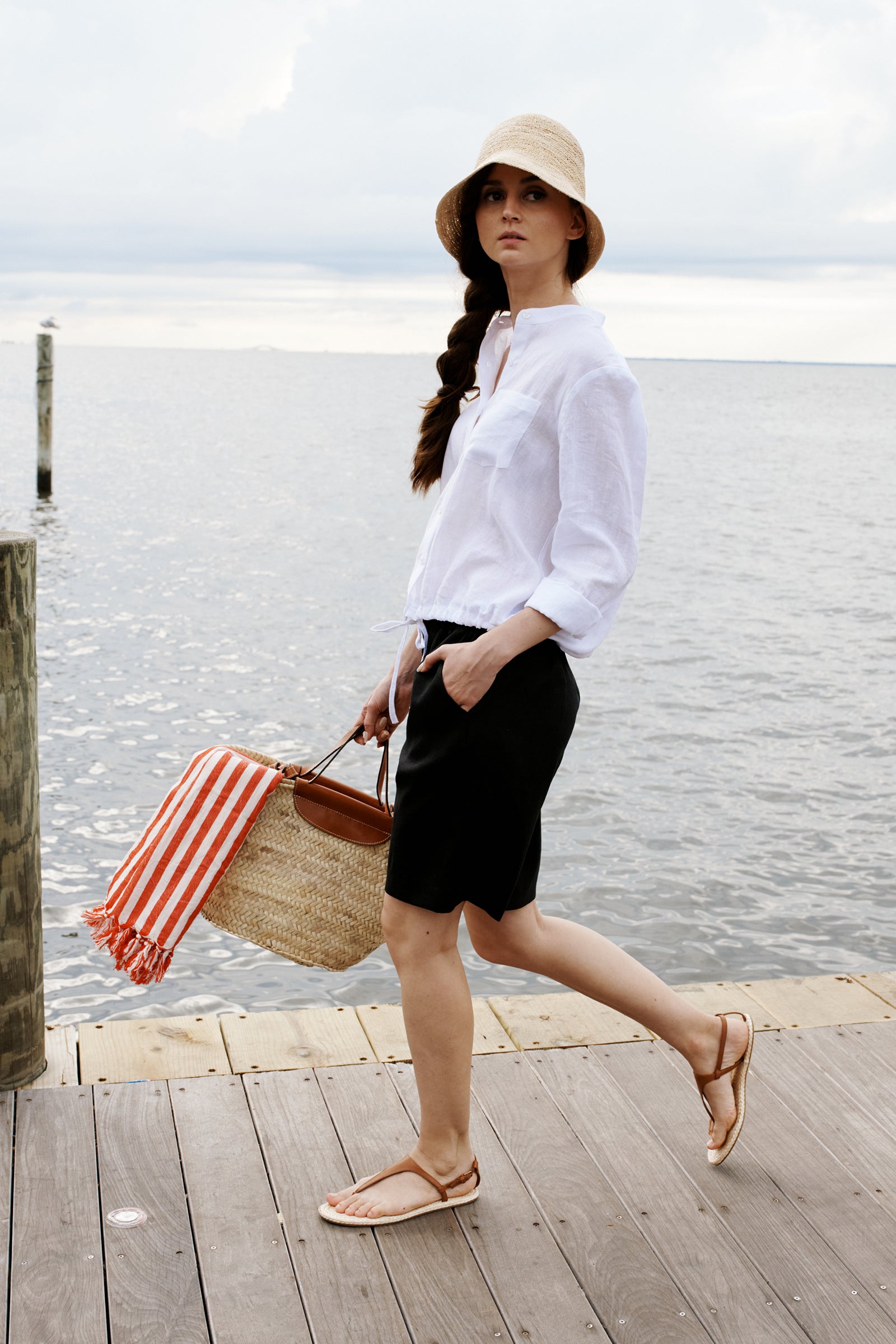 Kal Rieman Ella Drawstring Shirt in White on model lookbook image