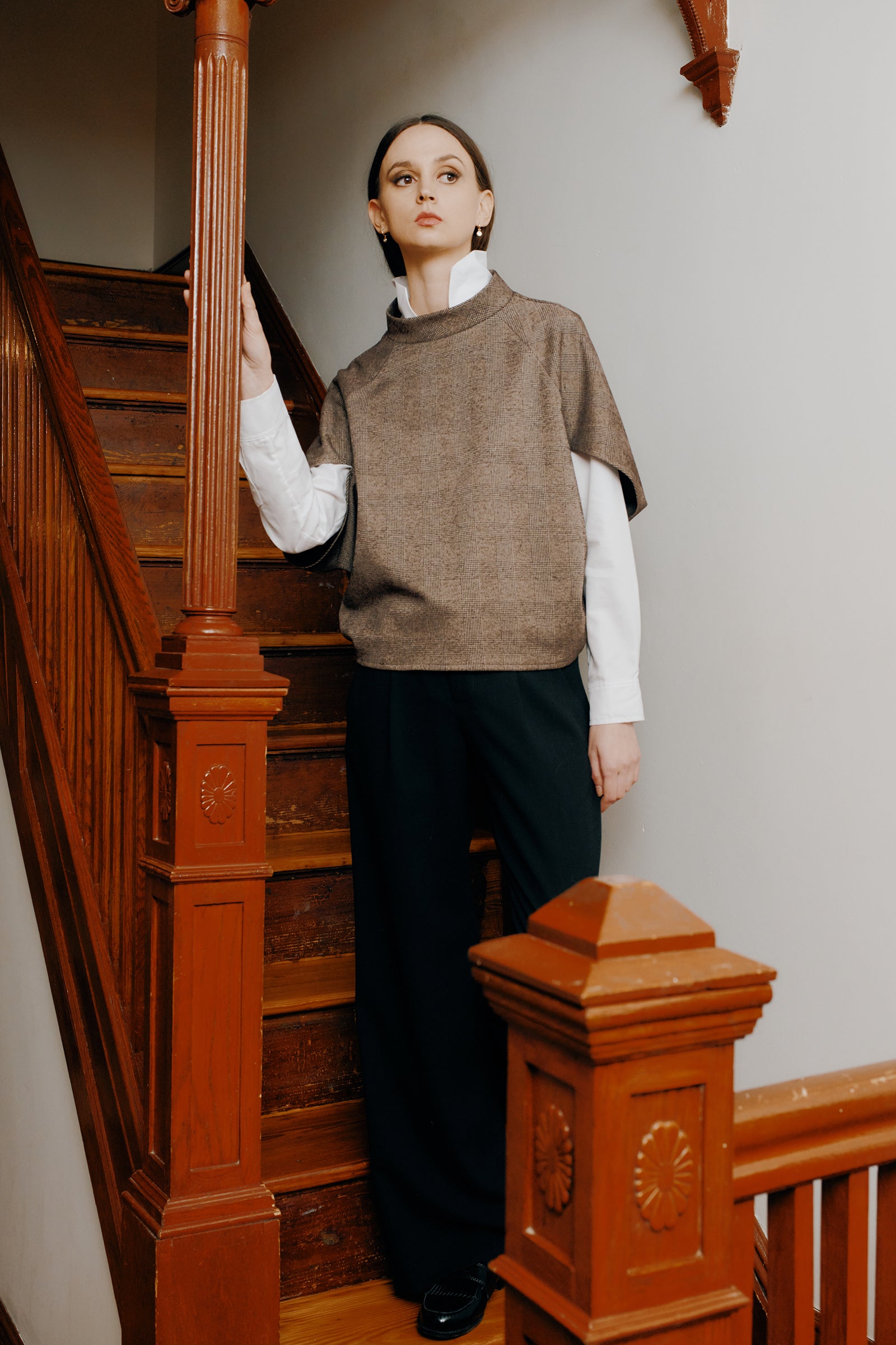Kal Rieman Elsa Cape Top in Brown Plaid on model lookbook image