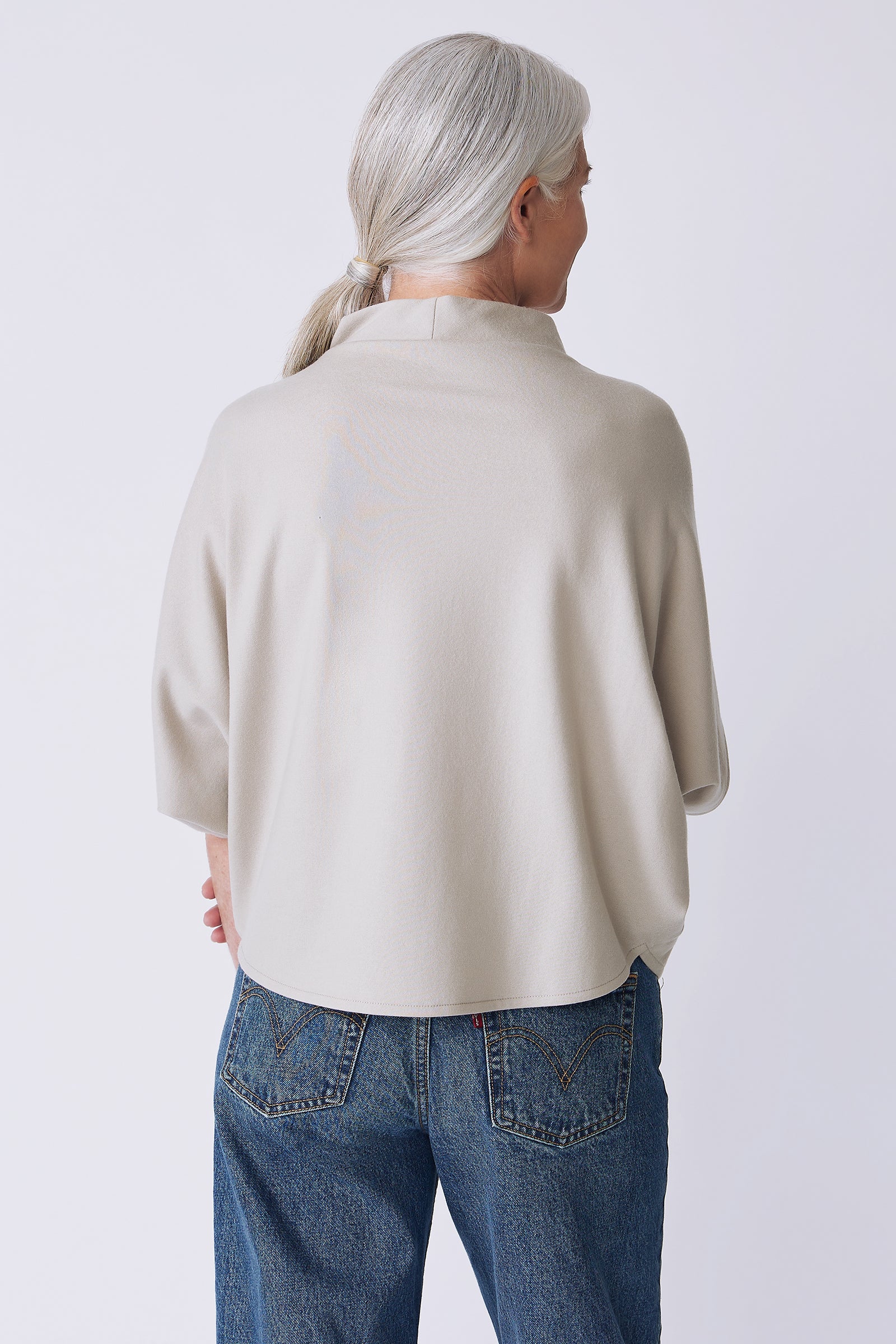 Kal Rieman Elsa Cape Top in mink felted jersey on model back view