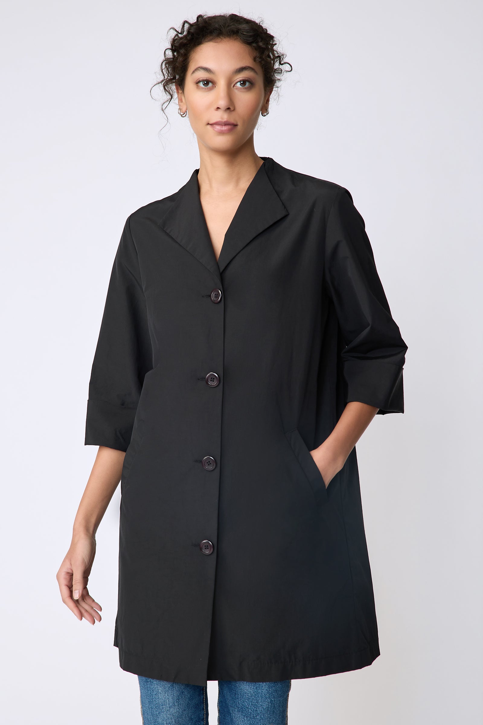 Kal Rieman Else Peacoat in Italian Broadcloth black on model front view hand in pocket