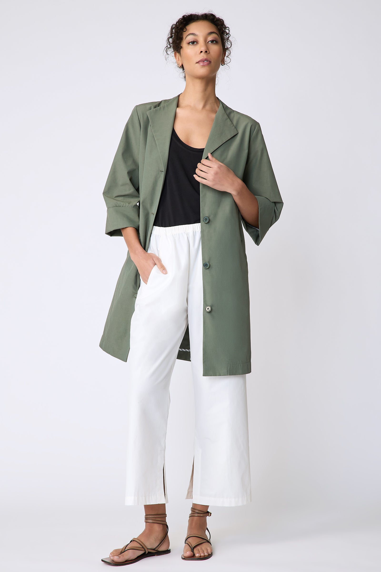 Kal Rieman Else Peacoat in Italian Broadcloth cactus on model front view full length hand in pocket