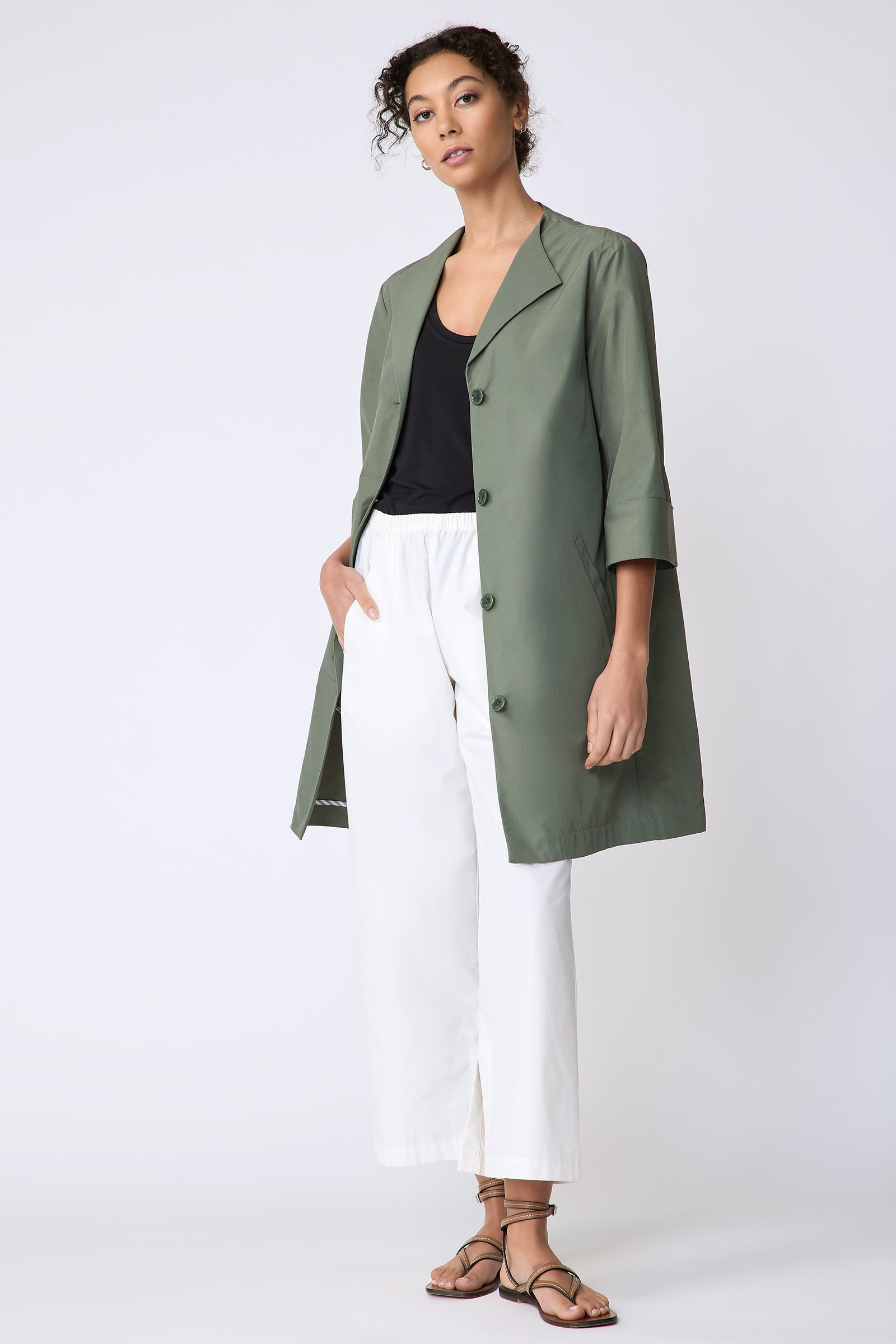 Kal Rieman Else Peacoat in Italian Broadcloth cactus on model front view full length holding jacket open