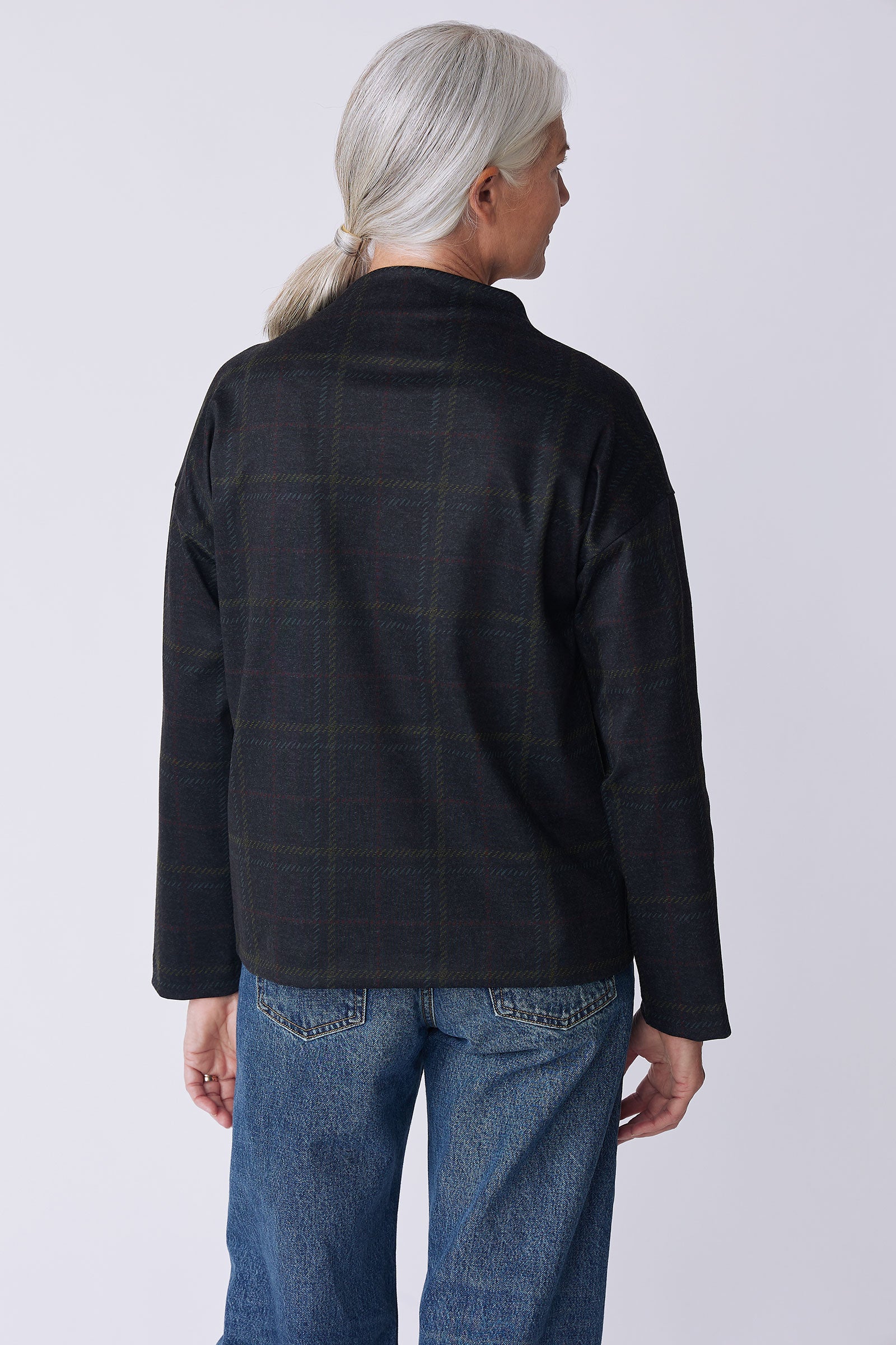 Kal Rieman Ethel Funnelneck in plaid ponte on model back view