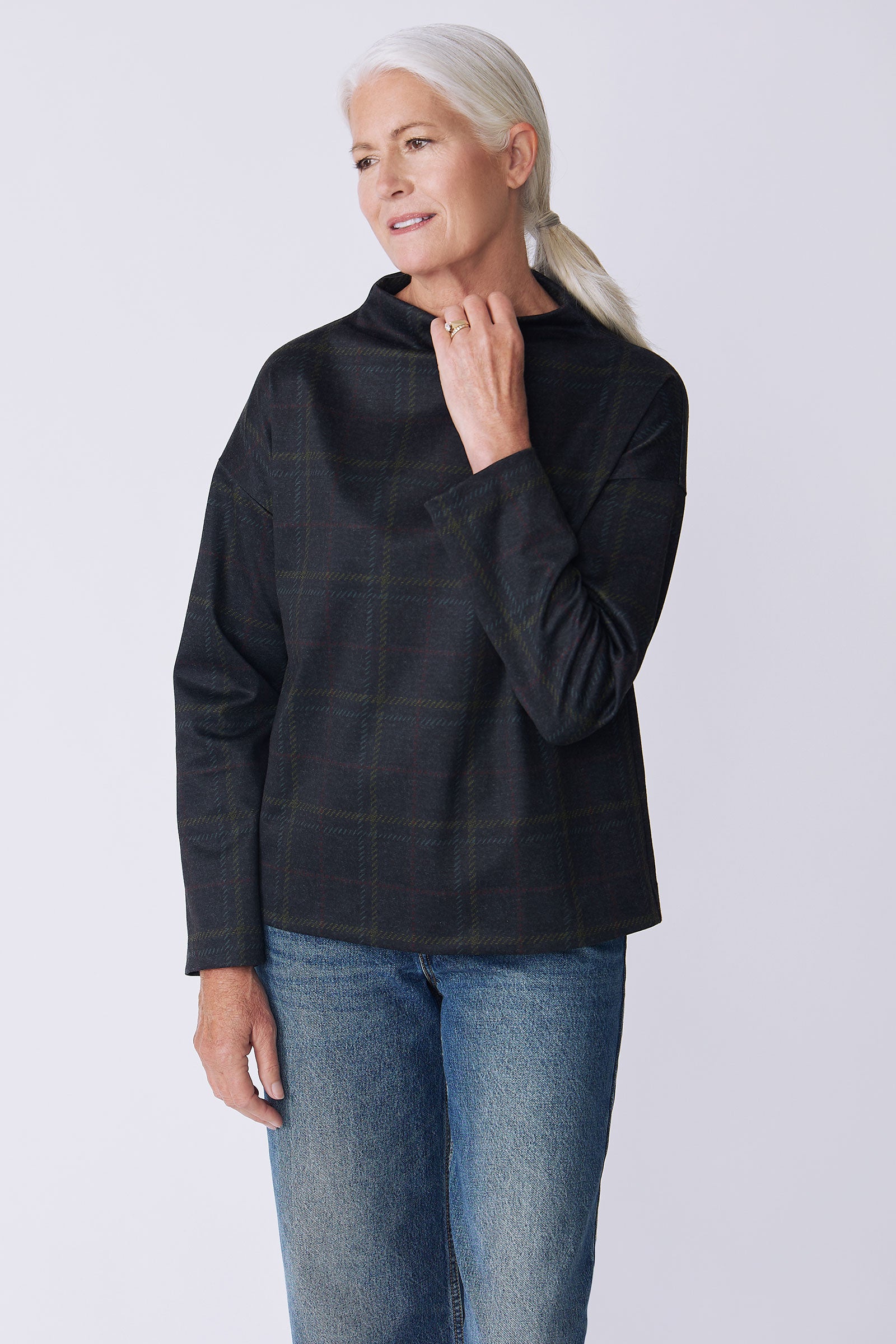 Kal Rieman Ethel Funnelneck in plaid ponte on model front view holding collar