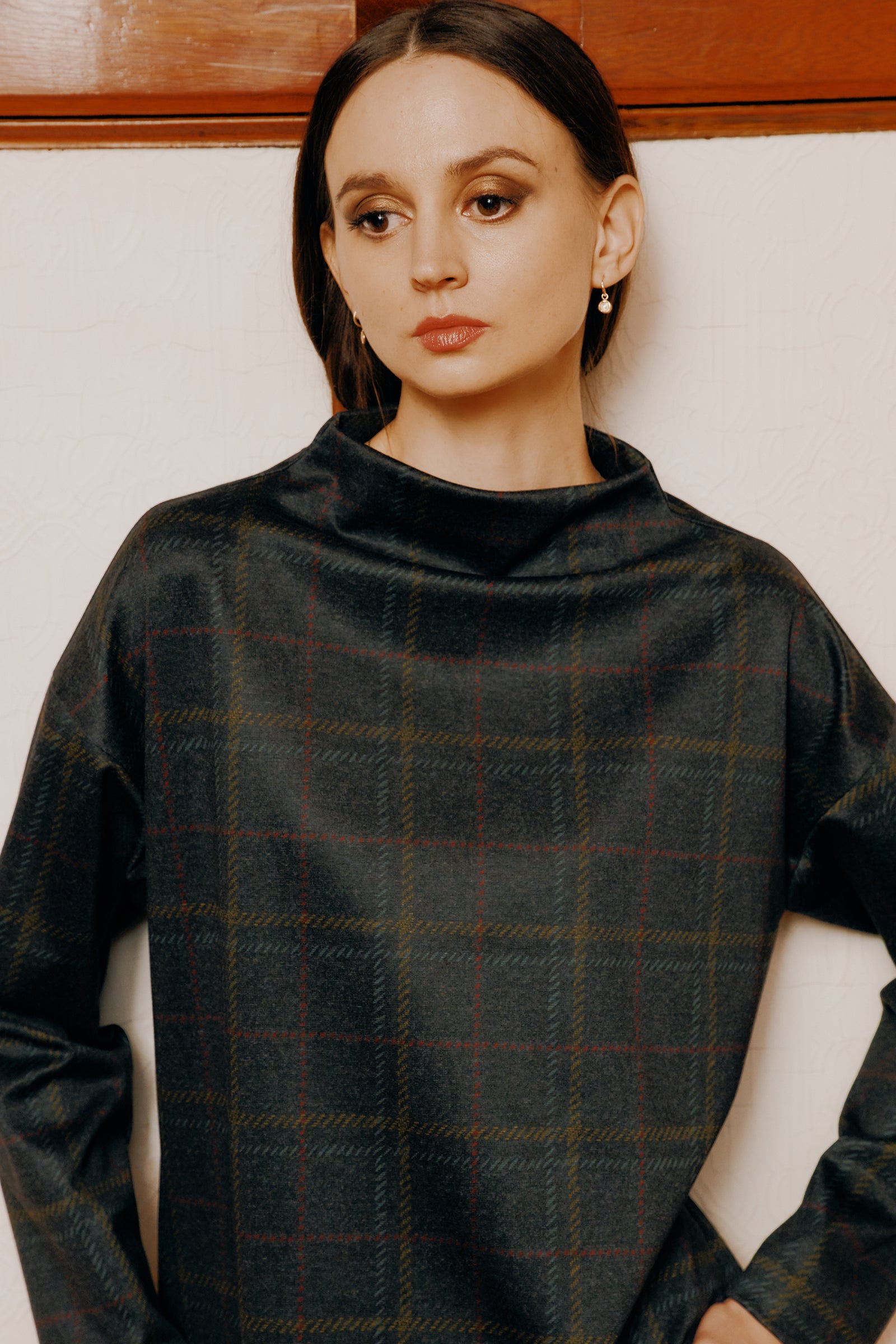 Kal Rieman Ethel mock funnelneck top in multi color plaid on model detail front view